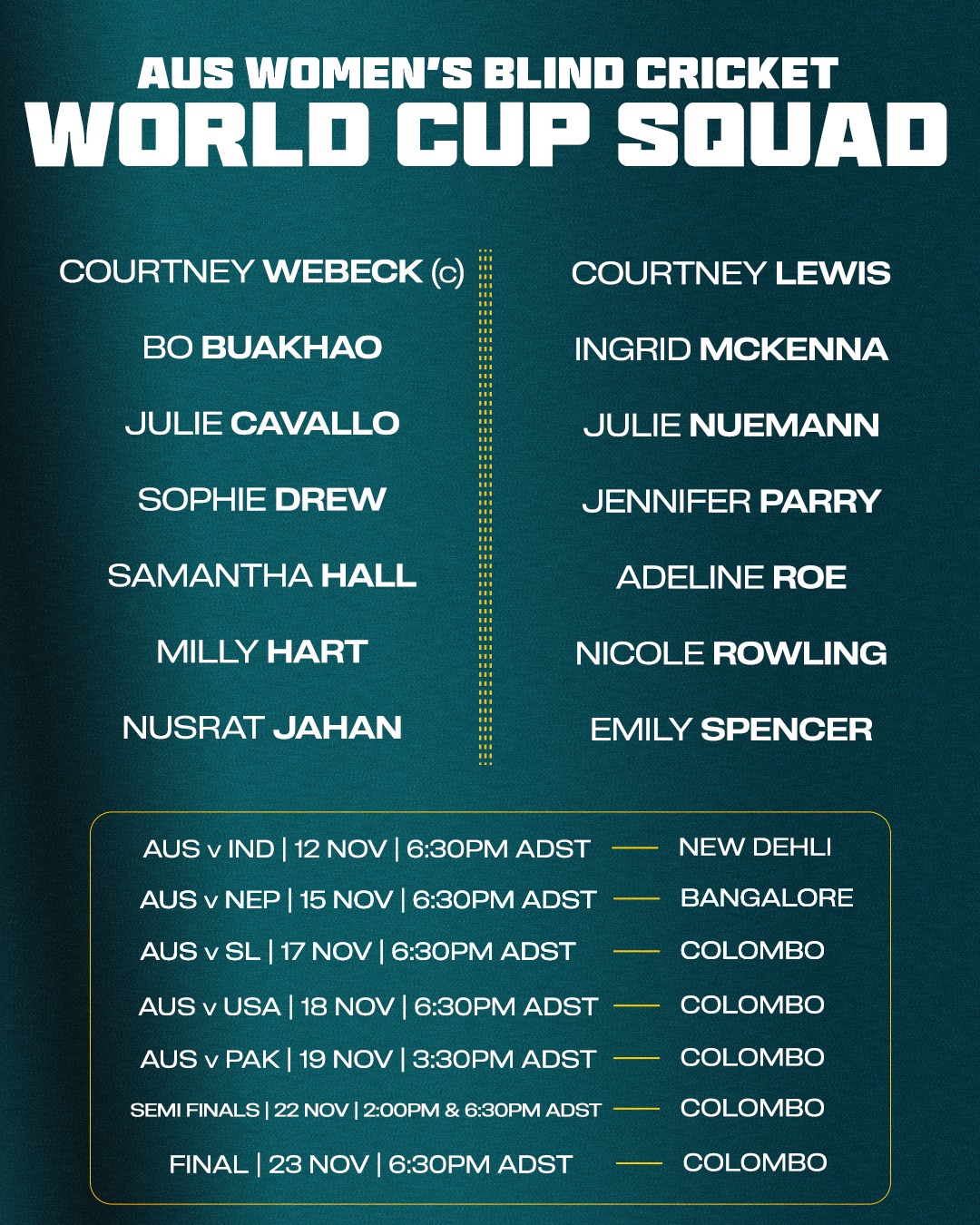 𝙒𝙤𝙢𝙚𝙣'𝙨 𝙒𝙤𝙧𝙡𝙙 𝘾𝙪𝙥 🏏🇦🇺
Congratulations to the selected squad representing Australia at the inaugural Women's Blind T20 world cup taking place in India & Sri Lanka. November 12th-23rd.
Special shout out to VBCA members Ingrid McKenna and Emily Spencer, play well and enjoy the amazing experience!
This is a fantastic step forward for women’s blind cricket and inclusive sport in Australia — and all over the globe! Our Aussie girls play India first up Nov 12th, 6:30pm AEST
Visit www.blindcricket.in for match details.
To watch the games, link below
https://youtube.com/@indianblindcricket?si=SrzP3H7hcMyv5tAC
2025 Australian Women’s Blind Cricket World Cup Squad:
Courtney Webeck (C)
Bo Buakhao
Julie Cavallo
Sophie Drew
Samantha Hall
Milly Hart
Nusrat Jahan
Courtney Lewis
Ingrid McKenna
Julie Nuemann
Jennifer Parry
Adeline Roe
Nicole Rowling
Emily Spencer
Match Schedule (AEST):
AUS v IND — 12 Nov | 6:30pm | New Delhi
AUS v NEP — 15 Nov | 6:30pm | Bangalore
AUS v SL — 17 Nov | 6:30pm | Colombo
AUS v USA — 18 Nov | 6:30pm | Colombo
AUS v PAK — 19 Nov | 3:30pm | Colombo
Semi Finals — 22 Nov | 2:00pm & 6:30pm | Colombo
Final — 23 Nov | 6:30pm | Colombo
@indianblindcricketteam
@cricketaustralia