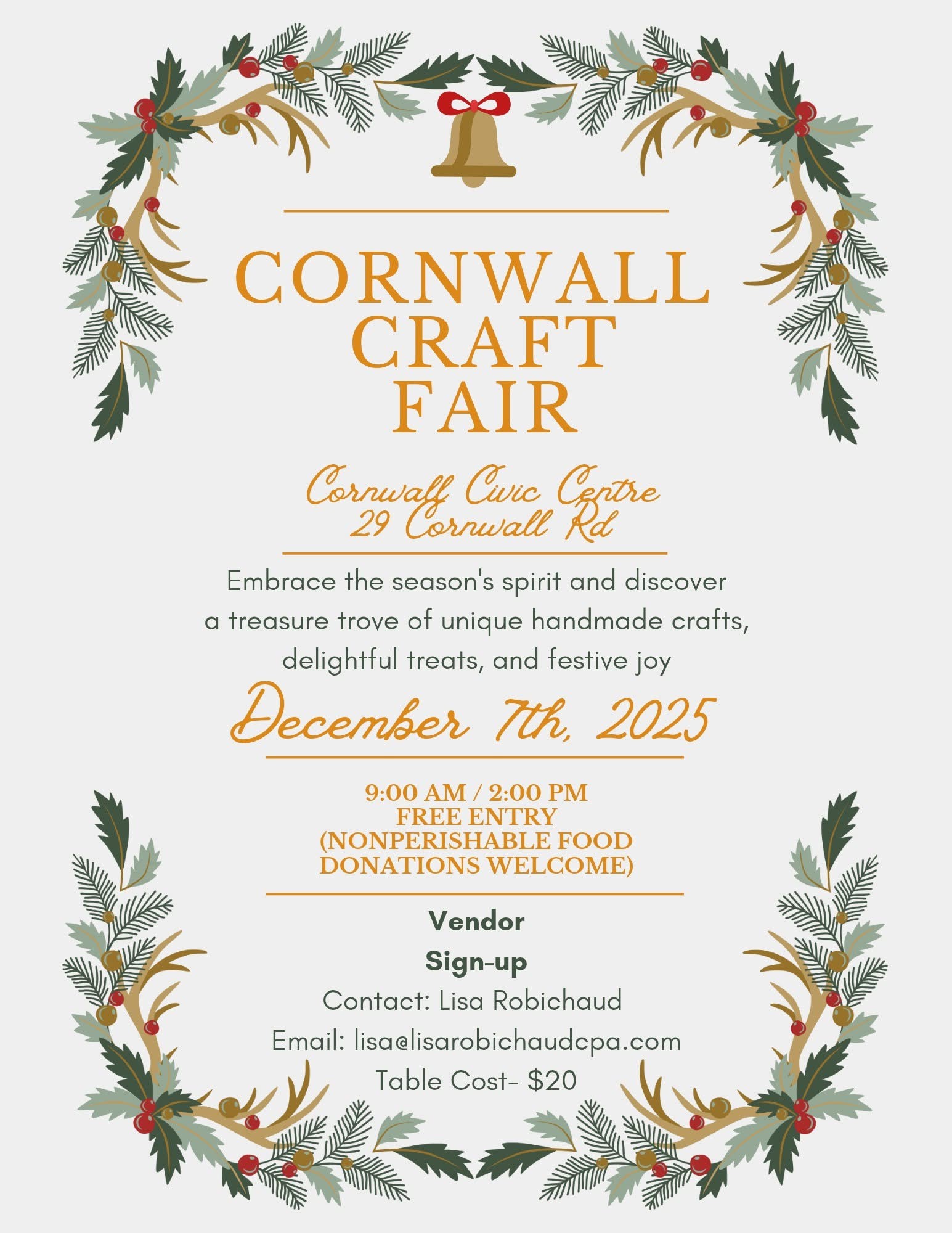 The Cornwall Craft Fair is Sunday December 7th at the Cornwall Civic Centre