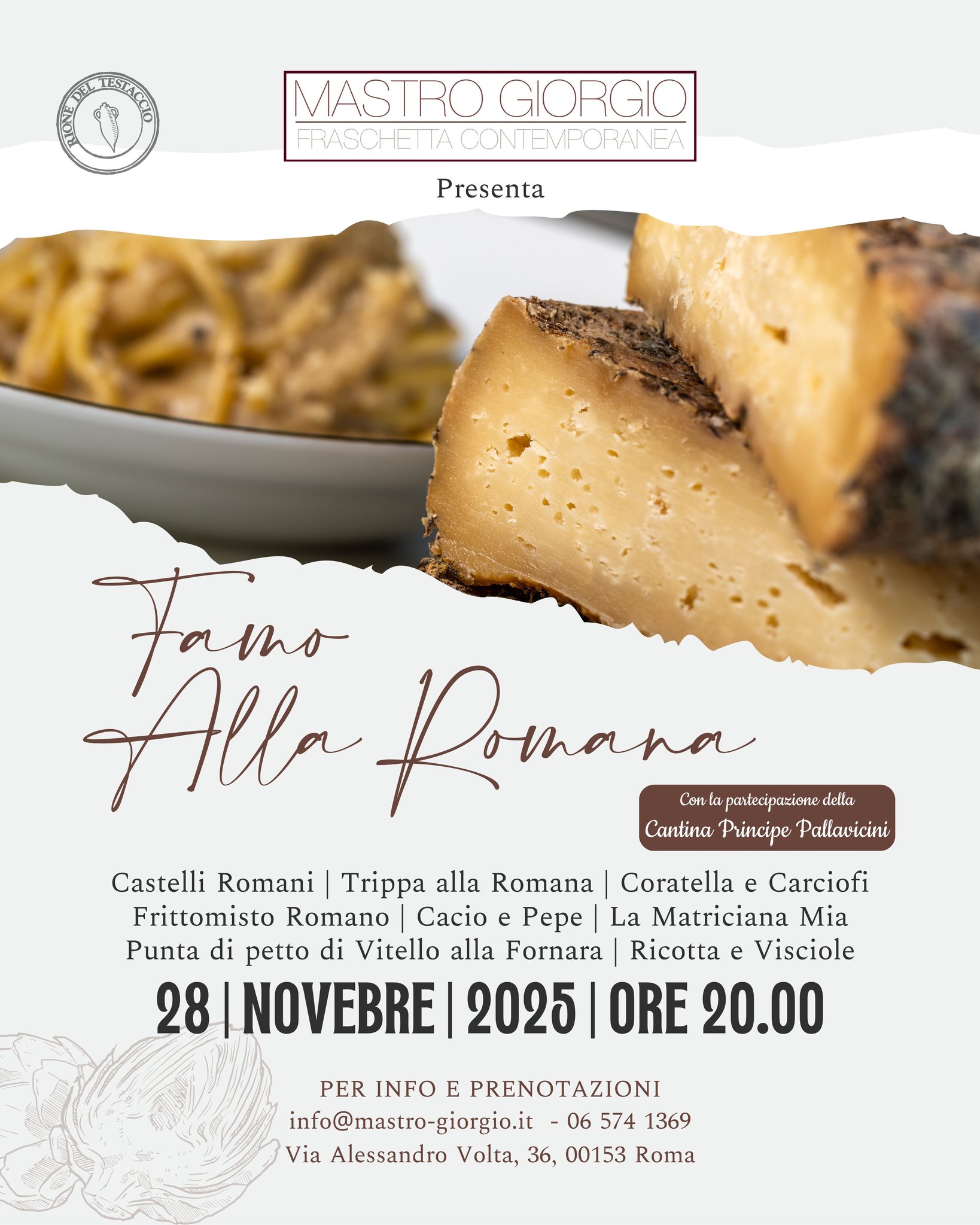 "𝑭𝒂𝒎𝒐 𝑨𝒍𝒍𝒂 𝑹𝒐𝒎𝒂𝒏𝒂": 𝑼𝒏 𝑽𝒊𝒂𝒈𝒈𝒊𝒐 𝑮𝒆𝒏𝒖𝒊𝒏𝒐 𝒏𝒆𝒍𝒍𝒂 𝑽𝒆𝒓𝒂 𝑻𝒓𝒂𝒅𝒊𝒛𝒊𝒐𝒏𝒆
𝑀𝑎𝑠𝑡𝑟𝑜 𝐺𝑖𝑜𝑟𝑔𝑖𝑜 𝑝𝑟𝑒𝑠𝑒𝑛𝑡𝑎: "𝐹𝑎𝑚𝑜 𝐴𝑙𝑙𝑎 𝑅𝑜𝑚𝑎𝑛𝑎"! 𝑈𝑛𝑎 𝑠𝑒𝑟𝑎𝑡𝑎 𝑖𝑛𝑡𝑒𝑟𝑎𝑚𝑒𝑛𝑡𝑒 𝑑𝑒𝑑𝑖𝑐𝑎𝑡𝑎 𝑎𝑖 𝑠𝑎𝑝𝑜𝑟𝑖 𝑝𝑖𝑢̀ 𝑣𝑒𝑟𝑖 𝑒 𝑟𝑜𝑏𝑢𝑠𝑡𝑖 𝑑𝑒𝑙𝑙𝑎 𝑐𝑢𝑐𝑖𝑛𝑎 𝑐𝑎𝑝𝑖𝑡𝑜𝑙𝑖𝑛𝑎.
Ad accompagnare il menù, avremo la partecipazione speciale della @tenutaprincipepallavicini .
𝐶ℎ𝑒𝑓 𝐹𝑟𝑎𝑛𝑐𝑒𝑠𝑐𝑜 𝑆𝑝𝑒𝑟𝑎𝑛𝑑𝑒𝑜 @fradeatails
𝐌𝐞𝐧𝐮̀ 𝐝𝐞𝐥𝐥𝐚 𝐒𝐞𝐫𝐚𝐭𝐚:
* Castelli Romani
* Trippa alla Romana
* Coratella e Carciofi
* Frittomisto Romano
* Cacio e Pepe
* La Matriciana Mia
* Punta di petto di Vitello alla Fornara
* Ricotta e Visciole
🗓️ Venerdì 28 Novembre 2025 🕗 20:00
Non perdere l'occasione di partecipare a questa celebrazione della romanità più autentica. Prenota subito!
𝐈𝐧𝐟𝐨 𝐞 𝐏𝐫𝐞𝐧𝐨𝐭𝐚𝐳𝐢𝐨𝐧𝐢
📍 Via Alessandro Volta 36, Testaccio, Roma
📞 06 5741369
🌐 Prenota ora: https://pro.pns.sm/ecczetj
#MastroGiorgio #CucinaRomana #FamoAllaRomana #Testaccio #RomaFood #RistoranteRoma #TradizioneRomana #SaporiDItalia #CucinaInnovativa #FoodDesign #EventoRoma #CantinaPallavicini