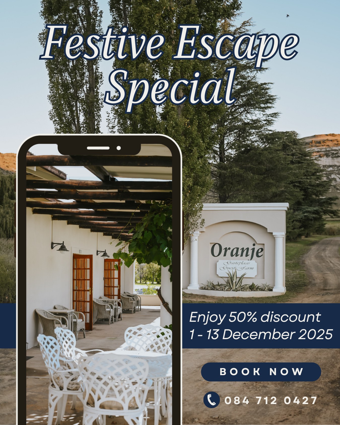 Treat yourself to an early holiday at Oranje Guest Farm! 🎁
Experience the magic of the Eastern Free State without the price tag! Enjoy a massive 50% discount on accommodation for stays between 1 December and 13 December 2025.
Book your discounted farm retreat today! Space is limited.
📞 084 712 0427
✉️ info@oranjegasteplaas.co.za
#OranjeGuestFarm #FestiveEscape #HolidaySpecial #FreeStateTravel #ClarensAccommodation