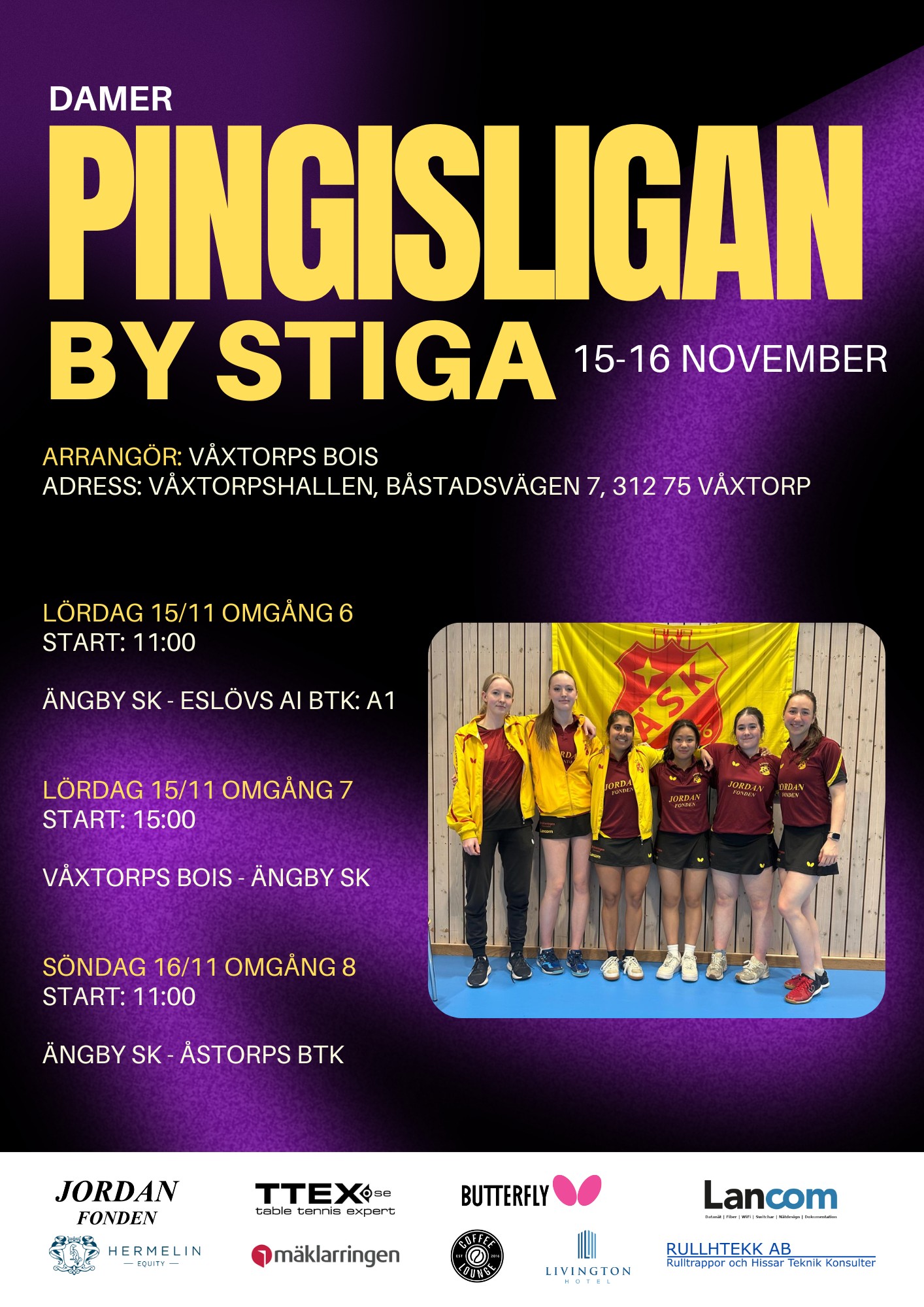 đâš Seriehelg med Ăngby SK! đâ€ïž
Helgen bjuder pĂ„ pingis i mĂ€ngder nĂ€r flera av vĂ„ra lag spelar matcher runt om i landet â frĂ„n ungdomsserier till Superettan och Pingisligan by Stiga för damer.
đ
Matcher i helgen:
đ„ Pingisligan by Stiga â Damer (Ăngby SK) â spelas i VĂ„xtorpshallen i VĂ„xtorp (arrangör: VĂ„xtorp BOIS)
đ„ Superettan Herrar (Ăngby SK A1 & A2) â spelas hemma i Riddersvikshallen (arrangör: Ăngby SK)
đ„ Superettan Damer (Ăngby SK) â spelas i Kungshallen i KungsĂ€ngen (arrangör: Tibble-KungsĂ€ngens BTK)
đ„ samt fler matcher för vĂ„ra divisions- och ungdomslag runt om i landet!
För fullstÀndig översikt över helgens matcher,
đ SBTF.se > Spela & TĂ€vla > Seriespel > Serieinformation > Samtliga nationella- & distriktsserier
Kom gĂ€rna och heja pĂ„ vĂ„ra hemmamatcher â till exempel Superettan Herrar i Riddersvikshallen â fri entrĂ©! đ
Heja alla vĂ„ra Ăngby-lag â vi följer er alla med stolthet!
Tillsammans sprider vi pingisglĂ€dje över hela Sverige! đâš