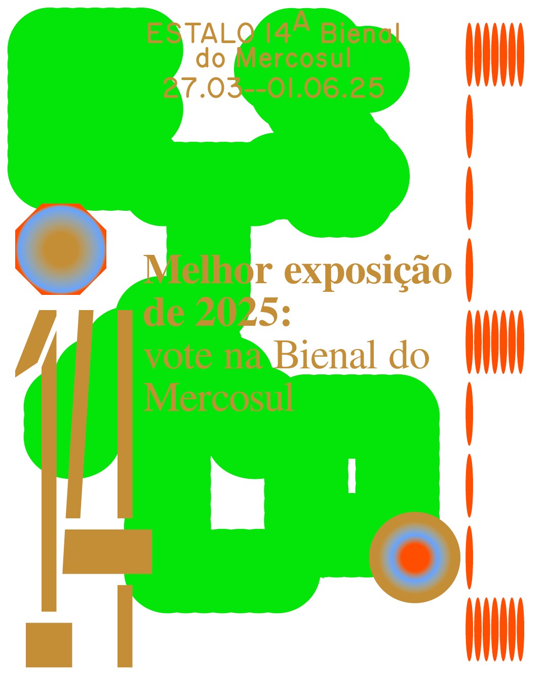 É com muito orgulho que recebemos a notícia de que a 14A Bienal do Mercosul está na lista das Melhores Exposições de 2025 da @sp_arte!
A equipe da SP–Arte selecionou 20 mostras que marcaram o ano, e você pode ajudar a Bienal do Mercosul escolhendo como a sua favorita no link dos stories ou da bio.
Com o olhar apurado do curador-chefe @raphaphon, dos curadores-adjuntos @yinajimenezs e @tiagosantanaarte, da curadora-assistente @lixo.dourado, das curadoras educativas @literalmentezgiet, @andreahygino8 e das curadoras dos Programas Públicos @marina.feldens e @annamattossss, a última edição da Bienal foi uma marco. Tivemos obras de 77 artistas, vindos de 31 países, expostas em 18 espaços culturais de Porto Alegre e região metropolitana.
O conceito “Estalo” teve como objetivo lidar com a noção de transformação que ocorre em diversos graus, desde aspectos de mobilização social, individual e coletiva sentidos através dos nossos corpos até mesmo rupturas e câmbios tempestuosos na natureza.
A votação acontece até 19 de novembro.
Contamos com você!