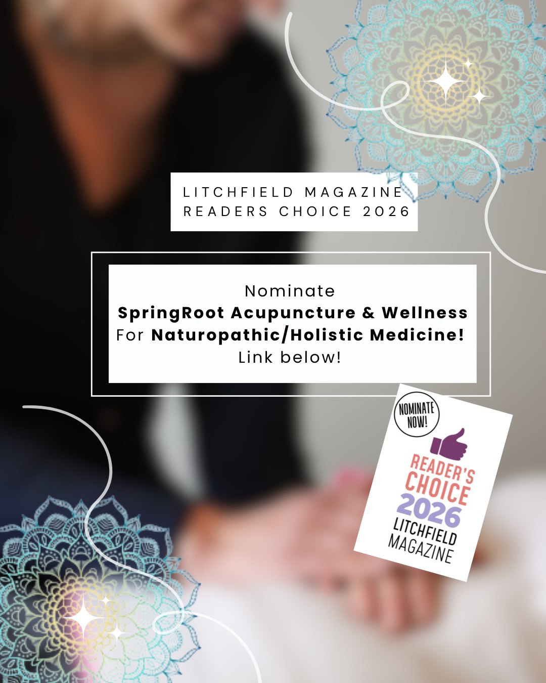 We are thrilled to share that SpringRoot Acupuncture & Wellness has been nominated for the Best of Litchfield County Readers Choice Contest 2026, in the Naturopathic/Holistic Medicine category. We have had our sights on this for years and are beyond excited and honored to have made it!
We would love the visibility that this will give SpringRoot throughout Litchfield County. Would you be willing to give us your vote?
Voting has begun and runs until November 16th. We've included the link below. To find the Naturopathic/Holistic Medicine category, please scroll to the bottom. Thank you for your support!
https://litchfieldmagazine.com/readers-choice-survey-2026/