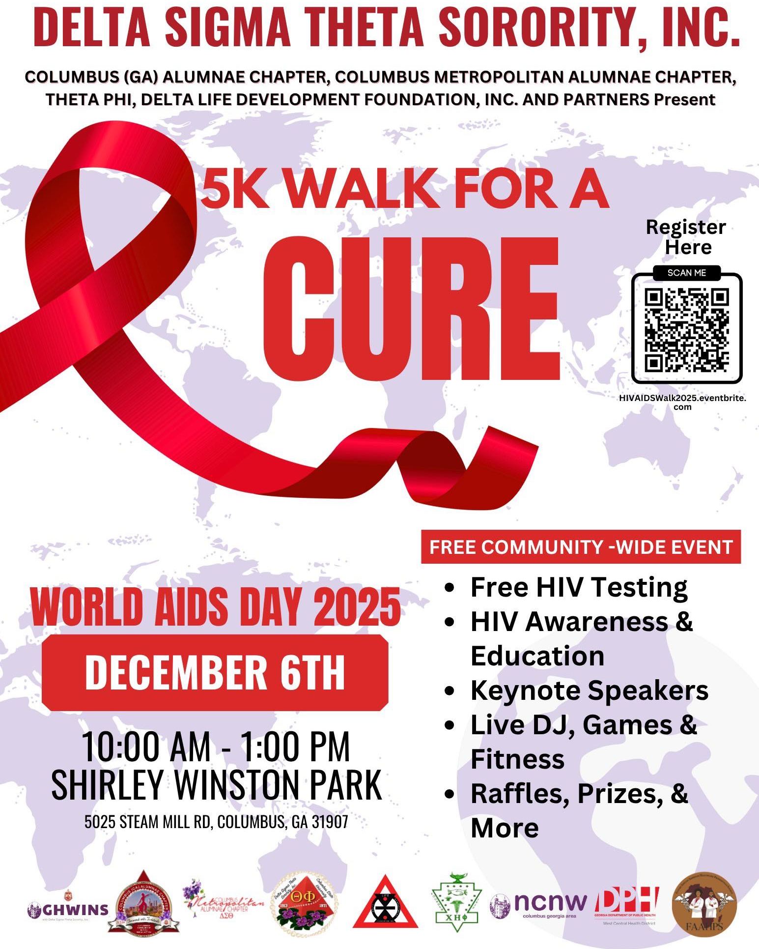 Join the Columbus (GA) Alumnae Chapter, Delta Sigma Theta, Inc., Columbus Metropolitan Alumnae, and Theta Phi Chapter of Delta Sigma Theta Sorority, Inc. of Delta Sigma Theta Sorority, Incorporated for our joint 5K Walk for a Cure in honor of World AIDS Day 2025. The theme for this year is "Overcoming Disruption, Transforming the AIDS Response."
💪🏾 Let’s walk together to raise awareness, support education, and promote testing in the fight against HIV/AIDS. This free community-wide event will include:
❤️ Free HIV Testing
🧠 HIV Awareness & Education
🎤 Keynote Speakers
🎶 Live DJ, Games & Fitness
🎟️ Raffles, Prizes & More!
📅 Saturday, December 6, 2025
🕙 10:00 AM – 1:00 PM
📍 Shirley Winston Park | 5025 Steam Mill Rd, Columbus, GA
Register today 👉🏾 HiVAIDSWalk2025.eventbrite.com
Let’s move for a cause and continue the fight to find a cure! ❤️🩹
#worldaidsday2025 #CMACimpact #CACDST1948 #thetaphi #DST1913 #SRDST