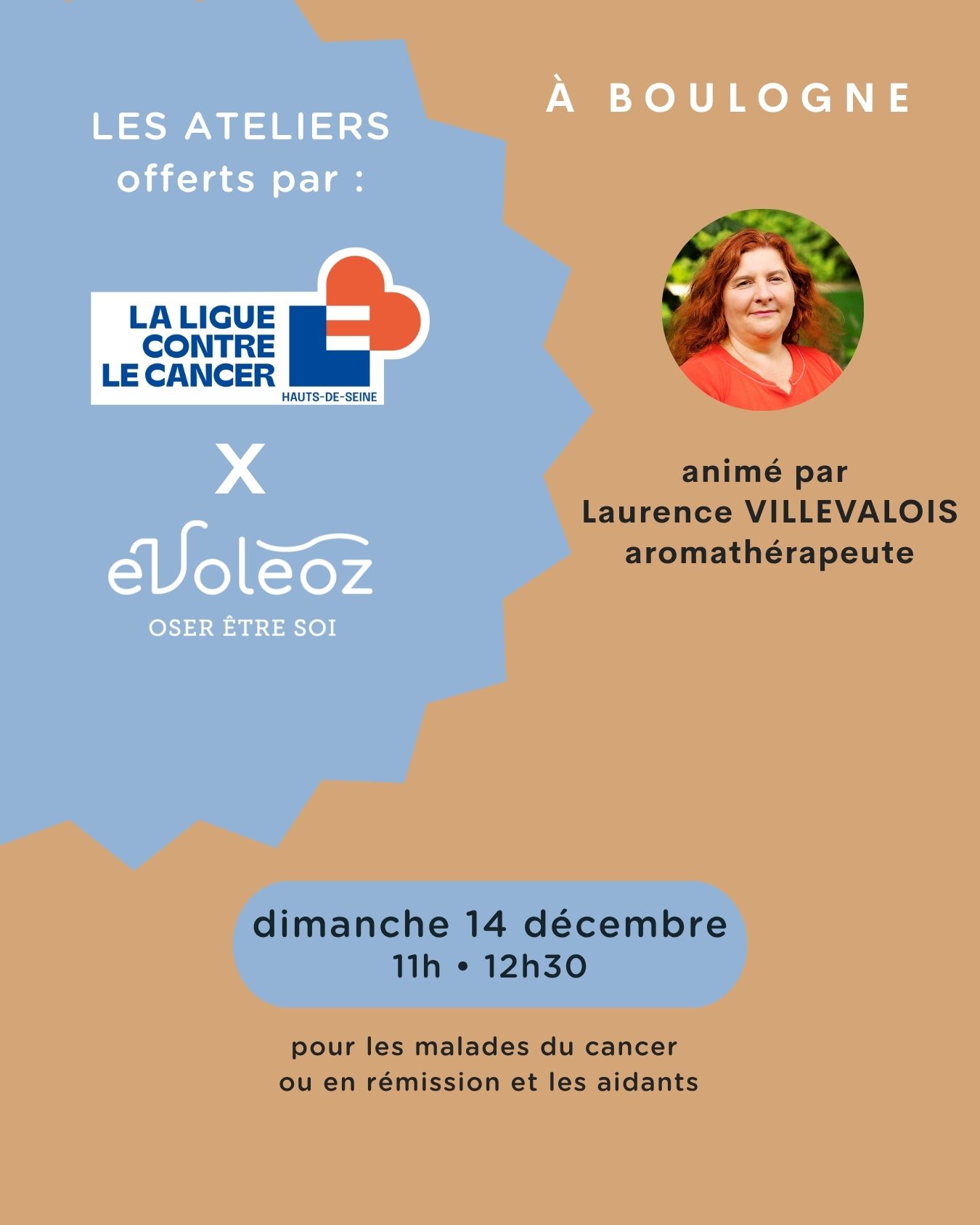 Prochain atelier de la Ligue contre le cancer des Hauts-de-Seine, entièrement offert, il est destiné aux malades du cancer ou en rémission et aux aidants.
👉 Atelier d'aromathérapie animé par Laurence Villevalois.
"La douleur est l’une des sensations les plus redoutées par les patients suivis pour un cancer. Que ce soit parce qu’ils doivent soutenir physiquement le malade ou parce qu’ils sont fatigués, les douleurs sont également très présentes chez les aidants.
Au cours de l’atelier, je détaille les huiles essentielles permettant de gérer les douleurs, leurs bonnes pratiques d’utilisation et contre-indications.
Je précise également systématiquement les huiles essentielles incompatibles avec certaines pathologies ou traitements."
✅ informations : 01 55 69 18 14
ou par mail : cgardinier@liguecancer92.org ou contact@evoleoz.fr
✅ inscriptions : https://www.helloasso.com/associations/ligue-contre-le-cancer-des-hauts-de-seine/evenements/atelier-d-aromatherapie-14-decembre-2025-evoleoz-boulogne?fbclid=IwY2xjawODS-pleHRuA2FlbQIxMABicmlkETF5MFpZMGozbEVmS3hLbVBGc3J0YwZhcHBfaWQQMjIyMDM5MTc4ODIwMDg5MgABHi-NXxpUMCvwt9dBm7IWhwQJ8vAGb5ED6CrGDmuGrandMT4PeG3RurIdmaGD_aem_TSd59BngtBinRZF_tJMI2Q
📍 lieu de l'atelier : 73 rue Marcel-Dassault • 92100 Boulogne Billancourt
👉 pour plus d'information sur nos lieux : evoleoz.fr - 06 80 25 09 59
Si vous êtes concernés ou si vous avez des personnes de votre entourage malades du cancer ou en rémission et aidants, inscrivez-vous dès maintenant ou partagez ce lien au plus grand nombre.
A bientôt chez Évoléoz Boulogne
#centrebienetre #évoléoz #cancer #CombatCancer #etrebienavecsoi #liguecancer #hautsdeseine #osezetresoi #accompagnementcancer #CabinetBienêtre #EnsembleContreLeCancer #therapiesdouces #LutteContreLeCancer #PréventionCancer #therapiedouce #boulogne #BoulogneBillancourt