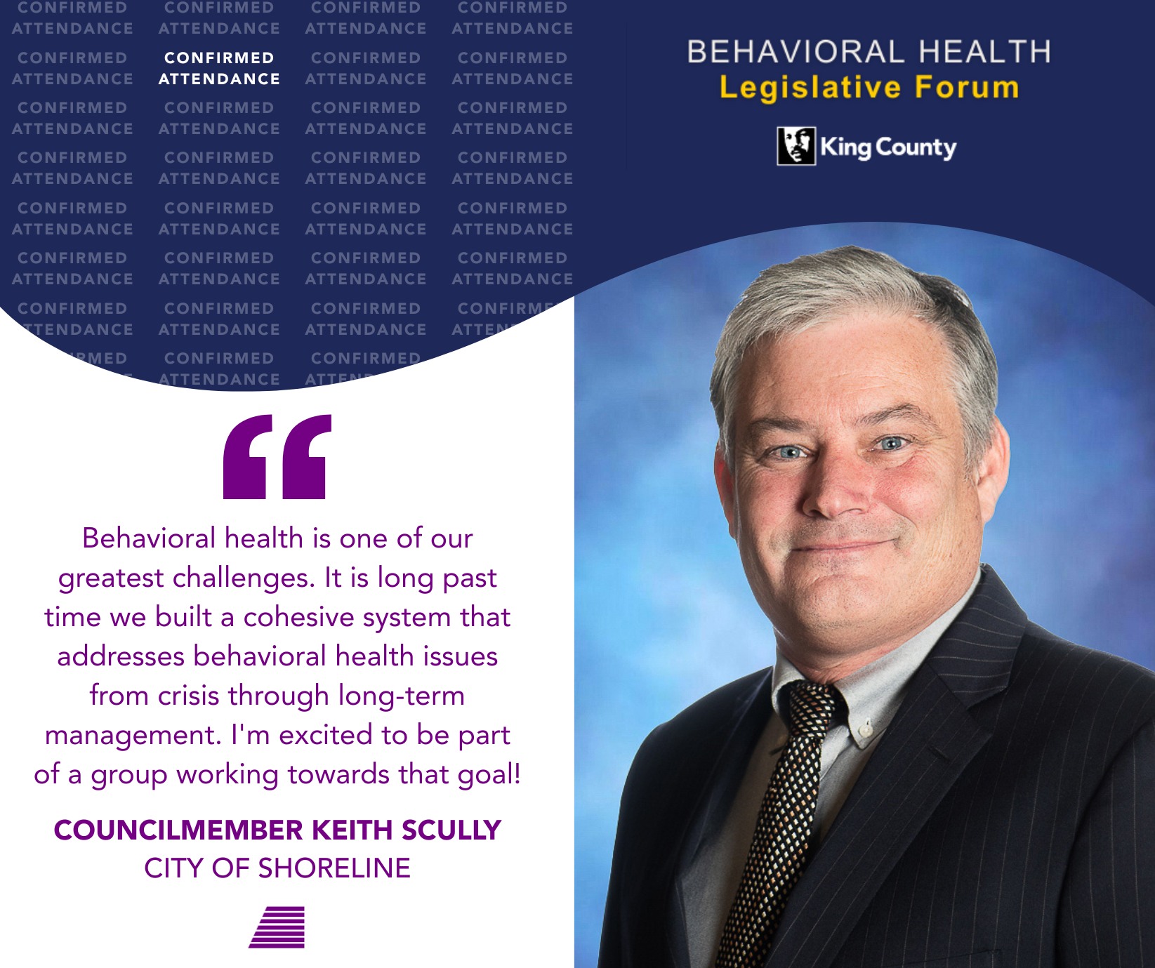 We’re excited to welcome Councilmember Keith Scully (@shorelinewagov ) to this year’s King County Behavioral Health Legislative Forum.
“Behavioral health is one of our greatest challenges. It is long past time we built a cohesive system that addresses behavioral health issues from crisis through long-term management. I'm excited to be part of a group working towards that goal!”
Join us Tuesday, November 18 at the Hilton Seattle Airport for an evening of dialogue and collaboration among behavioral health and recovery leaders, providers, and policymakers from across King County.
Recovery in Action Pre-Event: 4:30–6:00 PM
King County Behavioral Health Legislative Forum: 6:00–9:00 PM
Location: Hilton Seattle Airport & Conference Center
Free and open to all.
#KCBehavioralHealthForum #RecoveryInAction #RecoveryIsAction #RIA25