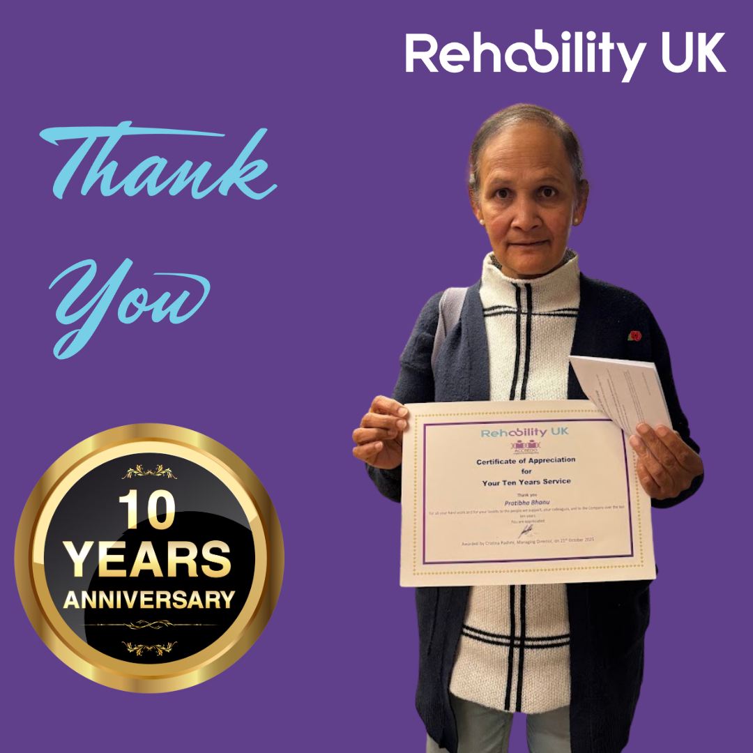 🎉 Celebrating 10 Wonderful Years – Congratulations, Pratibha! 🎉
Today we’re celebrating Pratibha Bhanu, who marks an incredible 10 years at our Thurmaston Day Centre! 💐
Over the past decade, Pratibha has been at the heart of everything we do — from creating bespoke, person-centred timetables to supporting community outings, sensory activities, and life-skills sessions that bring joy and confidence to the people we support. 🌟
Her warmth, dedication, and creativity have made a real difference — helping people to build friendships, develop independence, and enjoy everything from flower arranging and cooking to walks in the beautiful Watermead Park. 🌿💛
Thank you, Pratibha, for ten years of compassion, positivity, and unwavering commitment to making every day meaningful. You truly embody the spirit of Rehability UK. 🙌💙
#RehabilityUK #ShiningTogether #WorkAnniversary #ThankYou #SocialCare #MakingADifference #TeamRehability