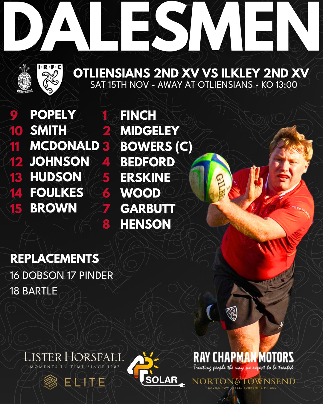 Your Dalesmen for tomorrow!
Don't forget there has been a change in fixture for the 2nd XV and they now have a friendly arranged with Otliensians away with an early kick off at 13:00.
Back at Stacks Field, the 3rd XV host Ossett in their league match with kick off at 14:15.
Saturday 15th November
Otliensians 2nd XV vs Ilkley 2nd XV - Away at Otliensians - Friendly - KO 13:00
Ilkley 3rd XV vs Ossett 2nd XV - Home at Ilkley - League - KO 14:15
#uptheilk #irfc #ilkley #100percentilk #COYD #rugby #ilkleyrugbyclub #ilkleyrugby