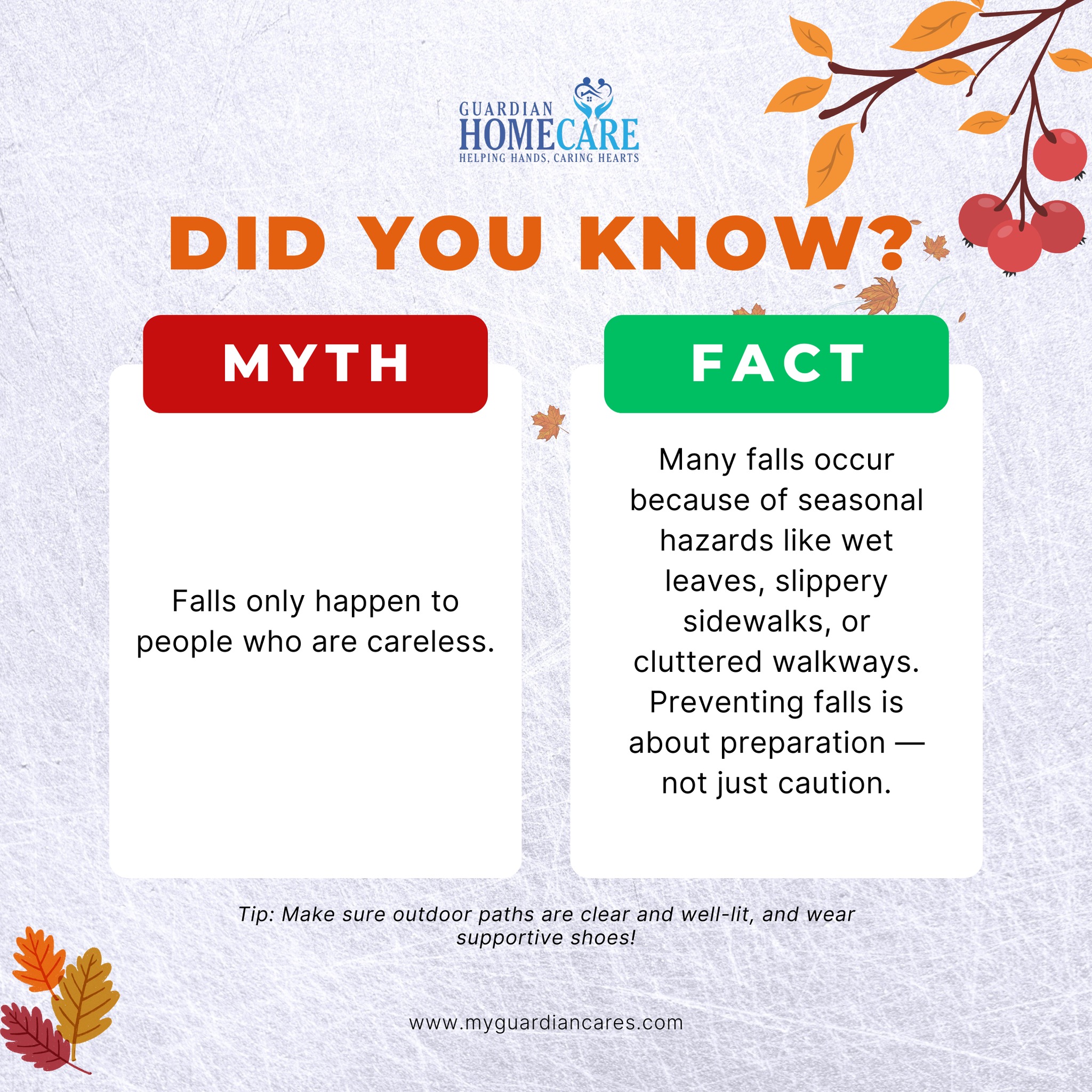 🍂 Myth: Falls only happen to careless people.
💡 Fact: Even the most cautious seniors can slip on wet leaves or uneven ground.
Keep walkways clear and bright — and step into fall safely! 👟
#FallPrevention #HomeCareTips #GuardianHomeCare