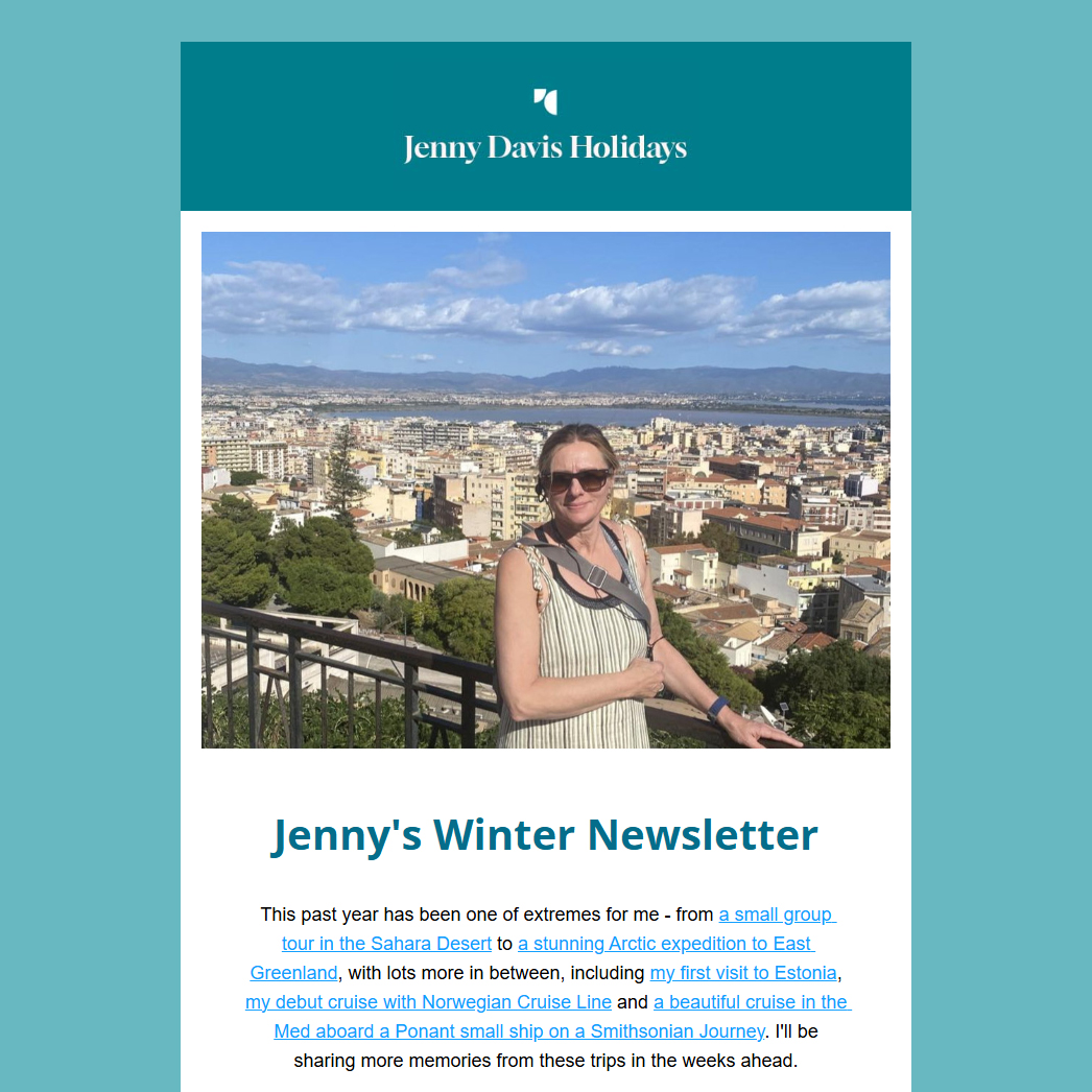 "My Winter Newsletter has just been published, and it's been quite a year of travel experiences!
From the Sahara Desert to Arctic Greenland, Estonia to the Mediterranean, and my first cruise with Norwegian Cruise Line aboard the brand-new Aqua - I've been fortunate to experience some incredible destinations that I can now recommend with genuine first-hand knowledge.
This newsletter features client stories showcasing the value of personalised service - from complex multi-stop journeys to long-awaited dream trips that exceeded expectations and delivered better value than larger bespoke competitors.
I've also shared my experiences aboard Norwegian's brand-new Aqua and insights from a small group journey into the Sahara.
I've just returned from the Travel Counsellors conference in Liverpool, strengthening supplier relationships and picking up insights that help me deliver even more value for clients.”
Grab a cuppa & read the full newsletter … see link in bio
#nclaqua #nitgb #nordicsolutions #ponant #hx