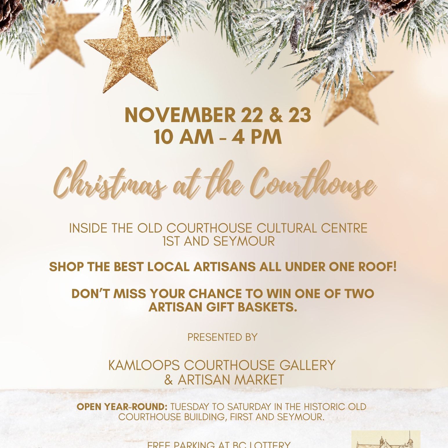 Today is the day! Come on down to the Old Courthouse and enjoy the festive local experience hosted by The Courthouse Gallery Co-op. Local artists and makers, live music and delicious snacks will be offered with no admission fee. The event is on today and Sunday 10-4pm.
#kamloops
#kamloopsarts
#kamloopsevents