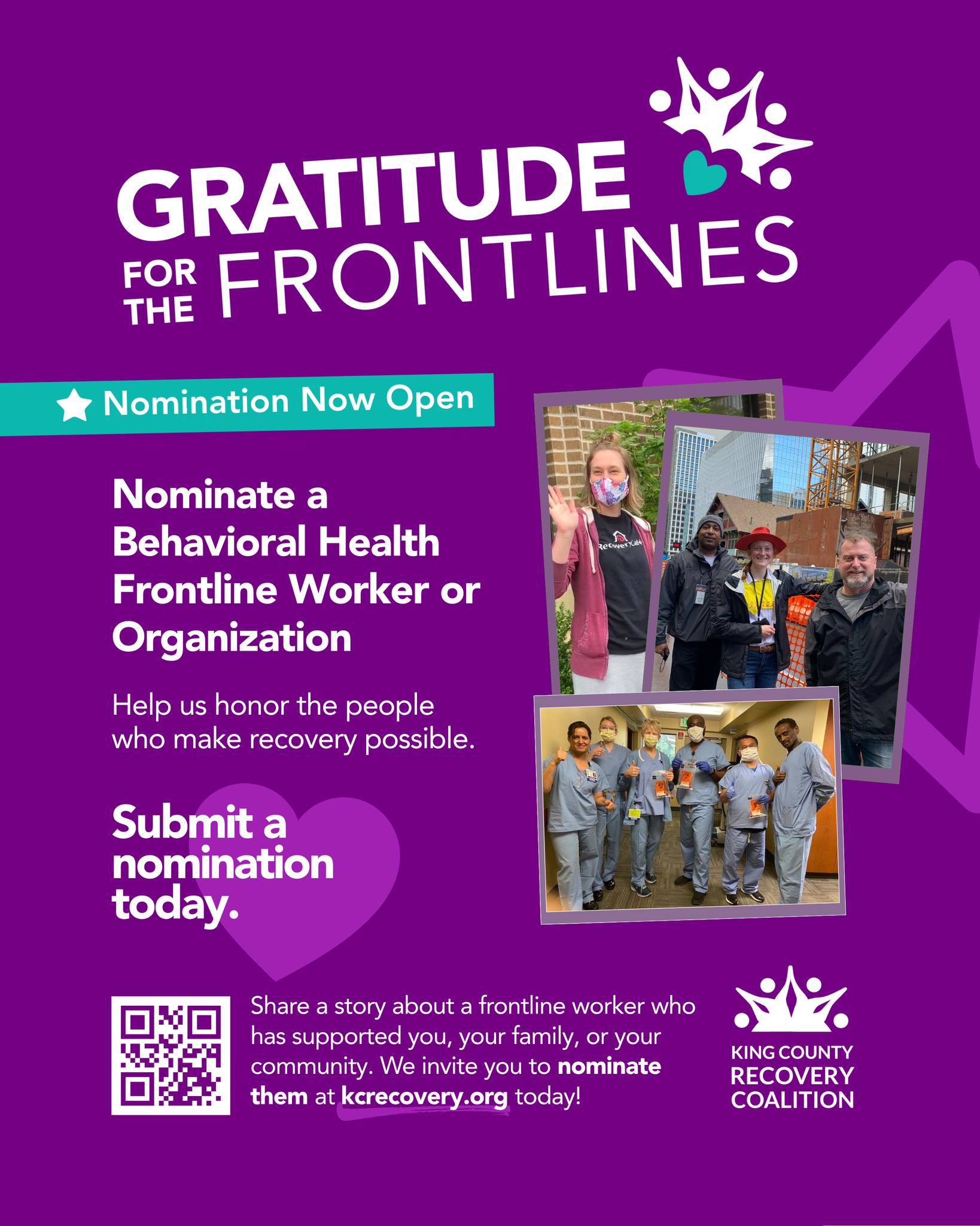 Every day, behavioral health frontline workers across King County show courage, compassion, and dedication. Now it’s our turn to lift them up.
KCRC is collecting community nominations to celebrate the individuals and teams who support recovery and strengthen our communities. If someone has impacted your life or your loved one’s journey, we’d love to help share their story.
Help us honor the people who make recovery possible.
💜 Nominate here: https://form.jotform.com/253185175408056