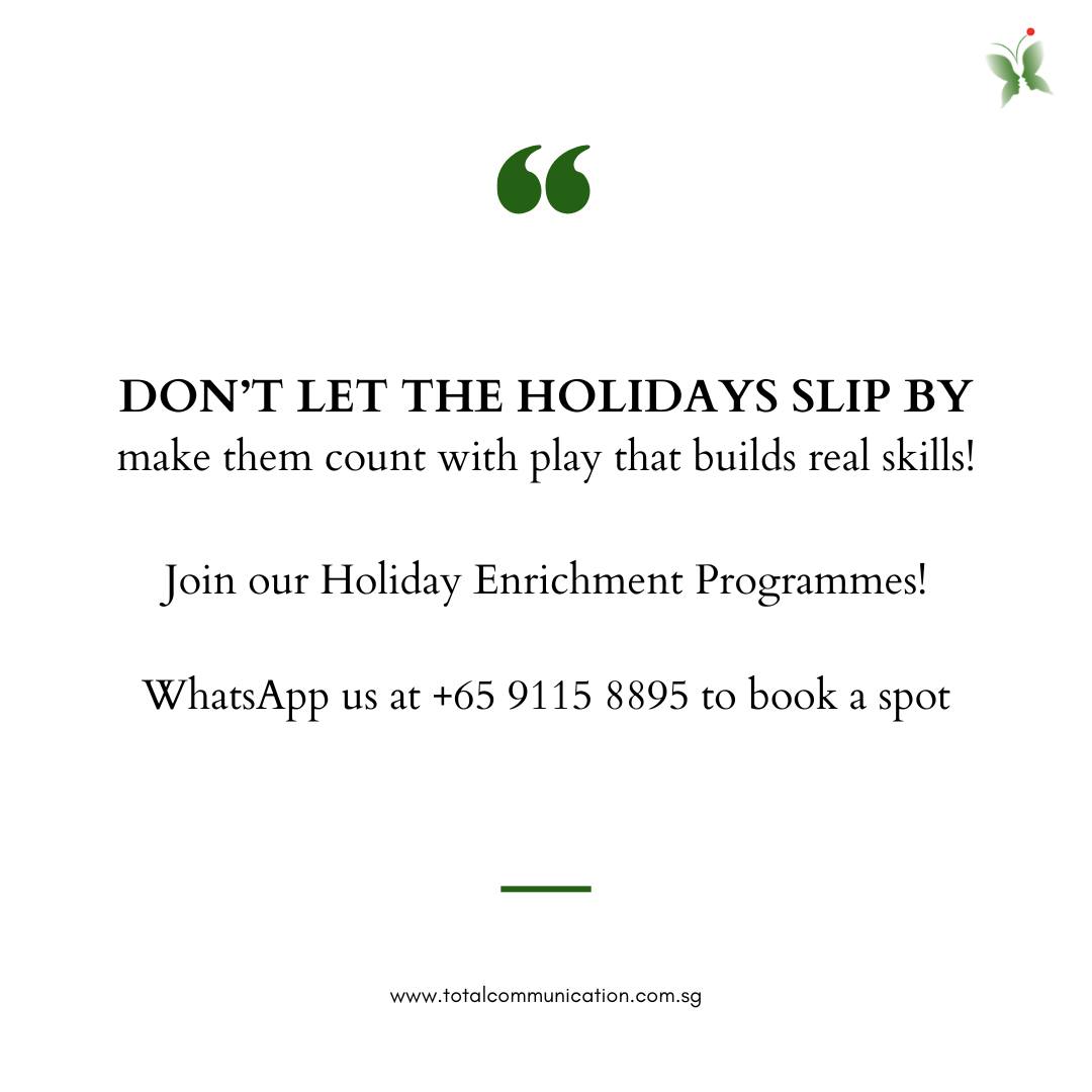 Holidays shouldnât disappear in a blur of TV, tablets, and âIâm bored.â
Give your child a break that builds them, not drains them.
Our Holiday Enrichment Programmes blend play, language, thinking skills, and confidence⌠all wrapped in fun your child will actually enjoy.
If you want this holiday to count, this is the easiest yes youâll make.
đą WhatsApp +65 9115 8895 to save a spot
đ Learn more on our website: https://www.totalcommunication.com.sg/holidays-progammes-for-kids-in-singapore
#SingaporeParents, #SingaporeMums, #SingaporeKids, #KidsActivitiesSG, #HolidayProgrammesSG, #EnrichmentClassesSG, #EarlyLearningSG, #ChildDevelopmentSG, #SpeechTherapySG, #PlayBasedLearning, #PretendPlay, #KidsHolidayActivities, #ParentingTipsSG