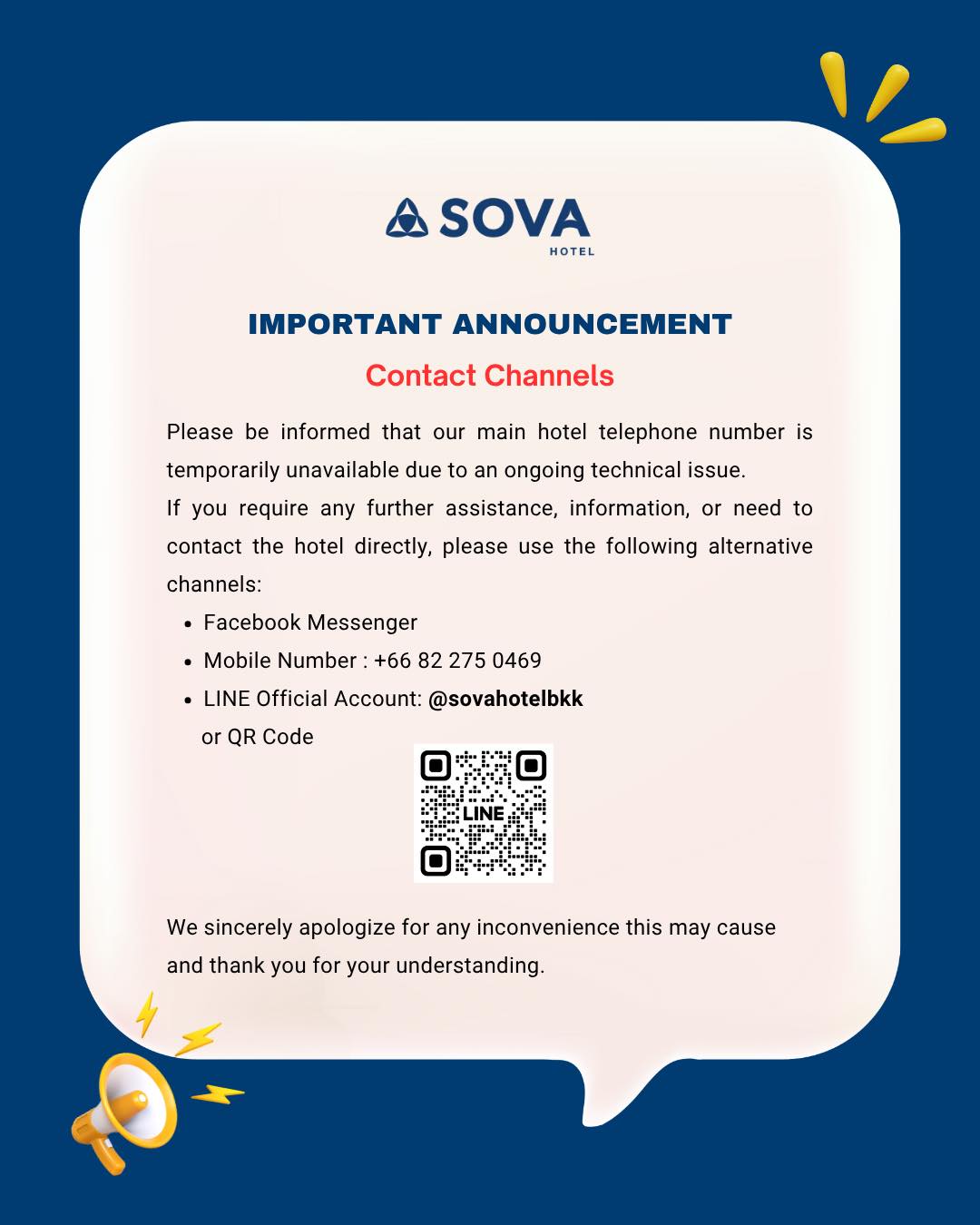 Contact Channels Announcement
SOVA Hotel Sukhumvit 22
📞 Tel: +66 82-275-0469
💬 Line ID: @sovahotelbkk
📧 Email: hello@sovahotelbkk.com
#sovahotelbkk #announcement #sukhumvit22 #sukhumvithotel