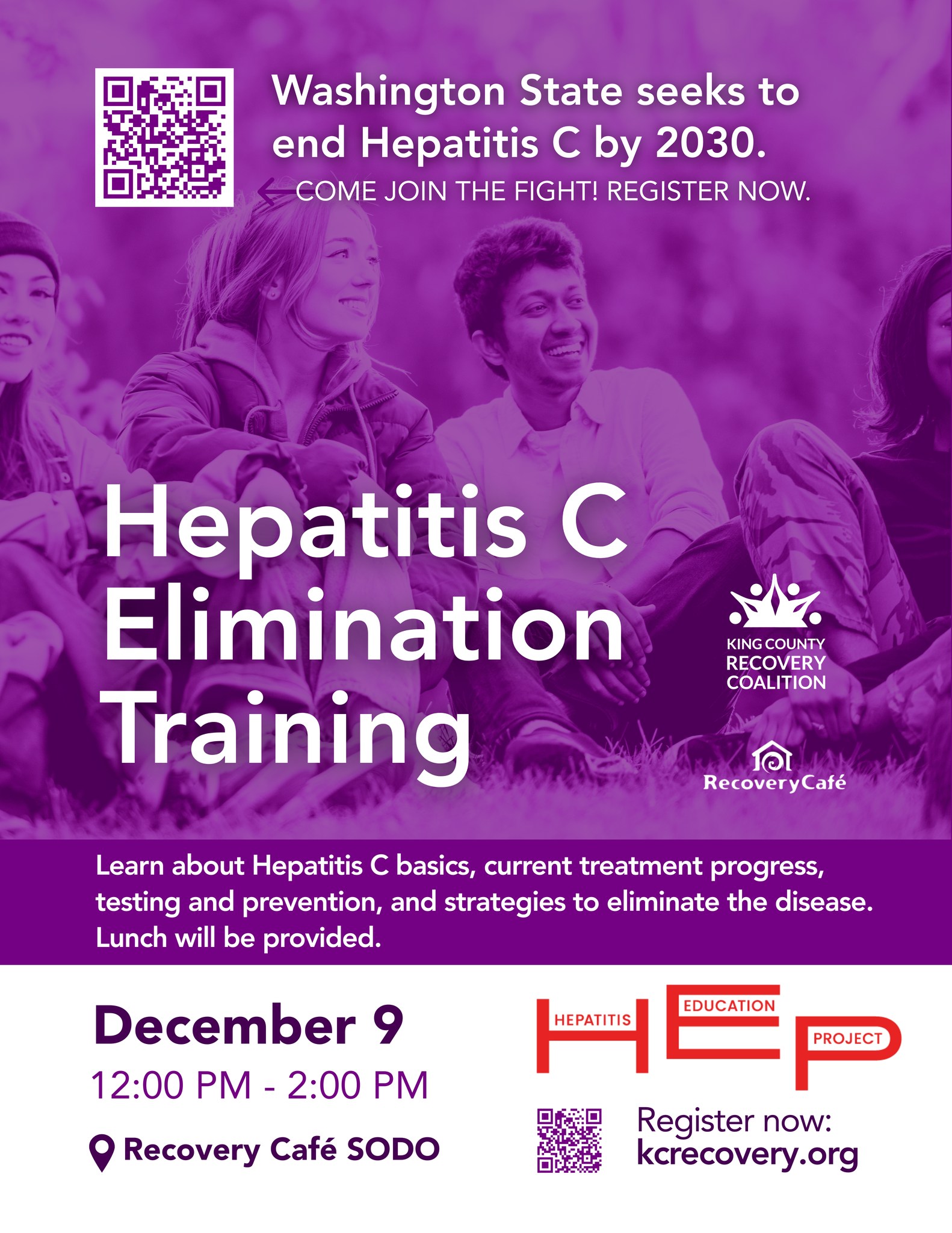 Join us on December 9 for a community training focused on understanding hepatitis C and what it takes to eliminate it in Washington. This session will cover the basics of hepatitis C, current treatment options, prevention strategies, and the progress being made statewide. Participants will also learn practical steps they can take in their roles to support individuals affected by hepatitis C.
This training is ideal for case managers, peer navigators, community health workers, social workers, and leaders from community-based organizations. Lunch will be provided.
December 9
12:00–2:00 PM
Recovery Café SODO
Hosted by King County Recovery Coalition, Recovery Café, and the Hepatitis Education Project.
Register here: kcrecovery.org/event-details/hepatitis-c-elimination-training