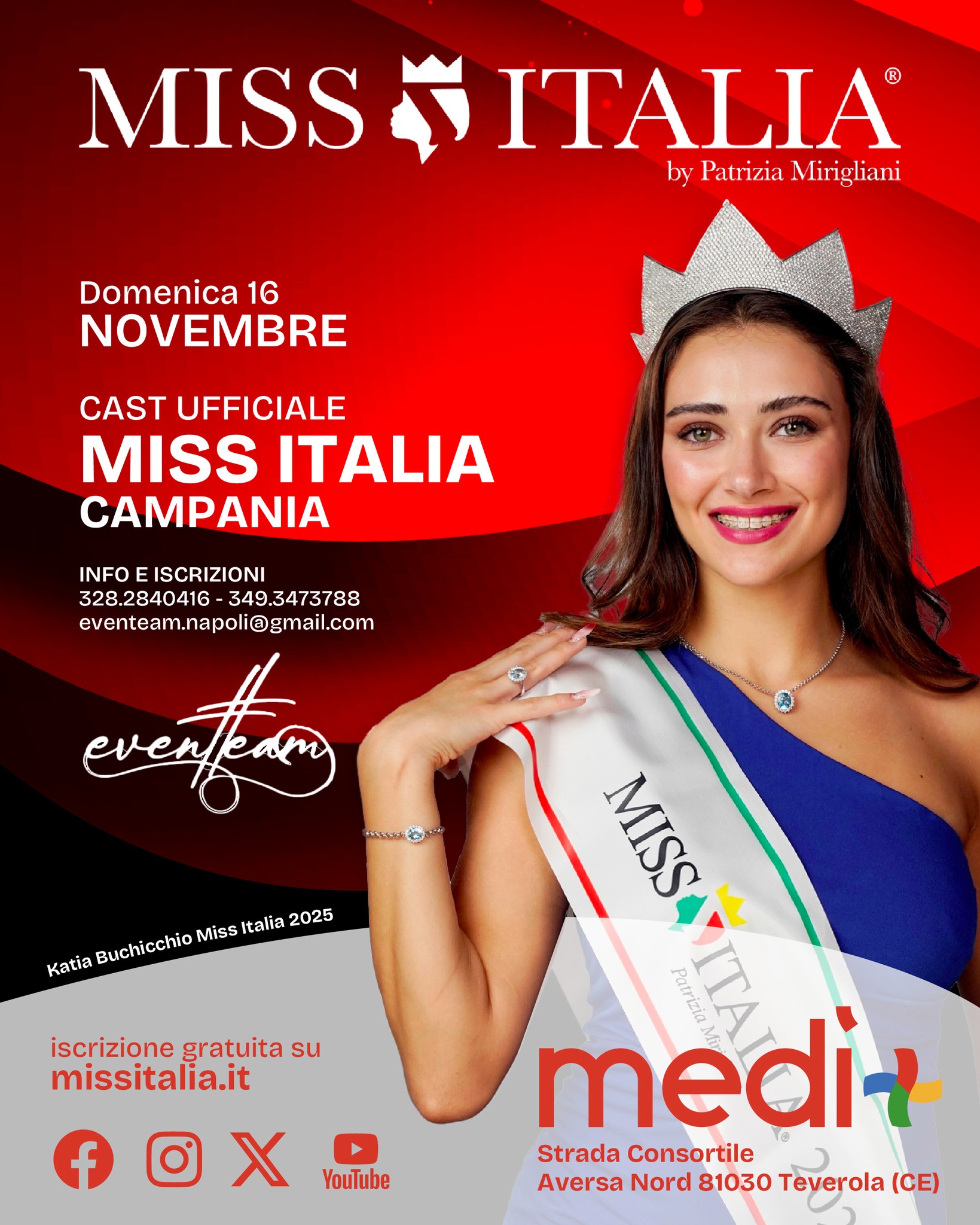 👑 Cast Miss Italia
Domenica 16 novembre, il Medì apre le porte ai casting ufficiali Miss Italia Campania!
Un’occasione unica per tentare la tua avventura verso la corona: l’iscrizione è gratuita su missitalia.it
Non perdere tempo, prenota il tuo posto e vivi il sogno! ✨
📞 328 2840416 – 349 3473788
💻 eventeam.napoli@gmail.com
