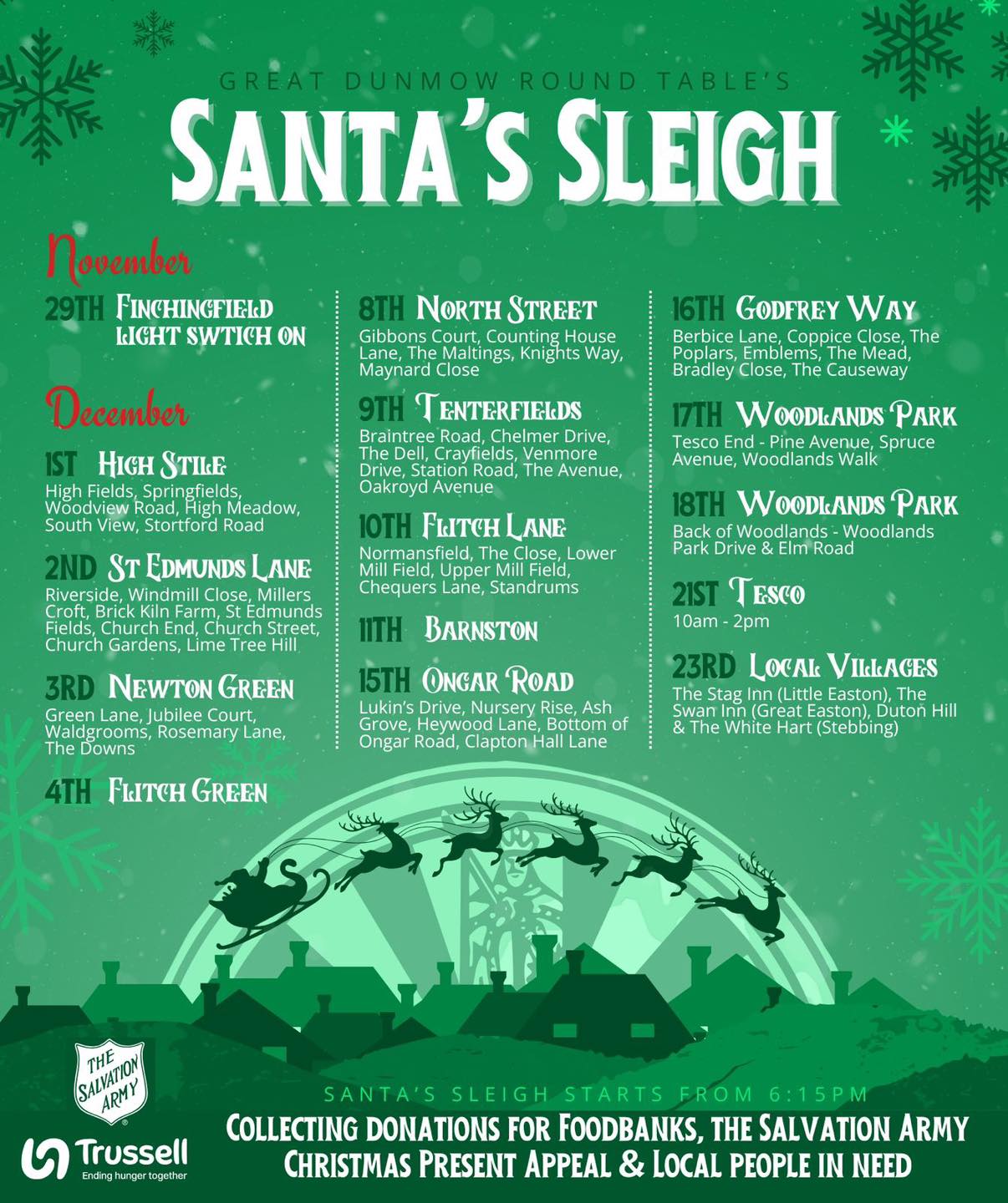 ๐
Santa is coming to town ๐
Supported by his elves from Dunmow Round Table, 41 Club and Great Dunmow Ladies Circle heโll be visiting the streets of Dunmow and surrounding villages over 15 nights. ๐
Weโll be giving out chocolates and bringing Christmas Cheer ๐
We will be collecting cash for charity and good causes, and also collecting food for the local food banks. ๐ฆ
Please give generously and letโs make a difference this Christmas and help those les fortunate โค๏ธ
Like and share and start tagging below ๐๐ผ to spread the word!