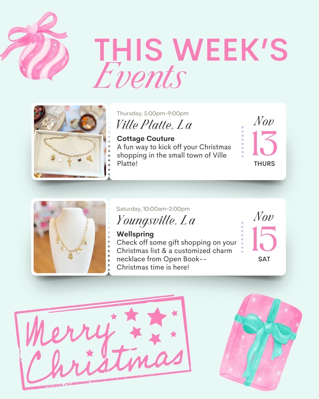 Hey y’all! 🎄💌💕🙌🥂
I’ll be headed to Ville Platte, LA and Youngsville, LA to kick off the Christmas season!
I have so many precious treasures to help make your holiday personal and special —
✨ Charm Necklaces
✨ Pins
✨ Jewelry
✨ Keepsakes
You can find me:
THURSDAY at📍 Cottage Couture — 122 S Soileau St, Ville Platte, LA
SATURDAY at📍 Wellspring Spa— 2445 E Milton Ave, Youngsville, LA
Tag a friend in the area! 🛍️
