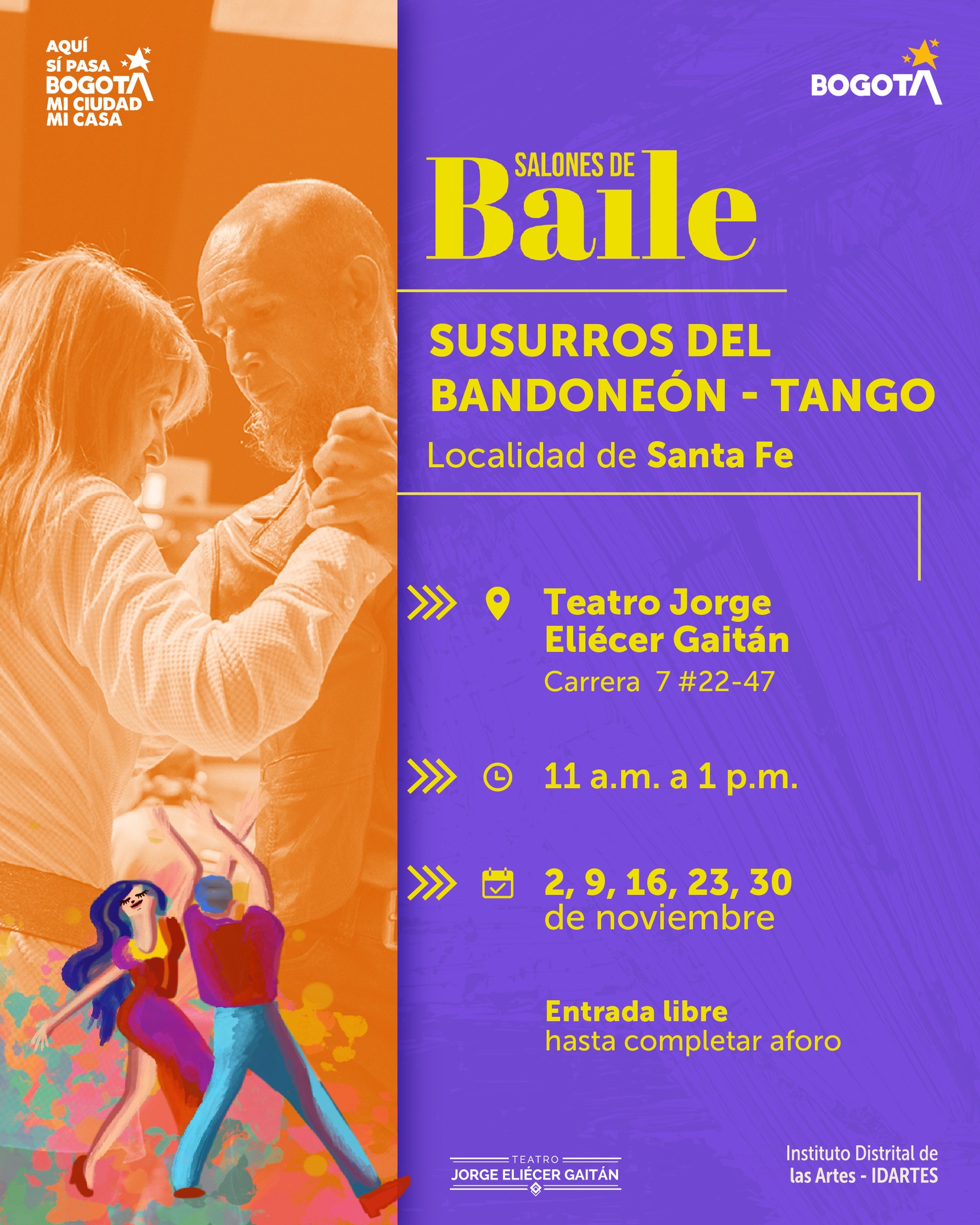 💃🕺 En noviembre, Bogotá baila con más fuerza que nunca.
Los Salones de Baile de Idartes llegan con una programación pensada para mover el cuerpo, conectar con otros y vivir el ritmo como parte del bienestar cotidiano.
En cada localidad, estos espacios abren la puerta a la alegría, la diversidad y el encuentro, recordándonos que la ciudad también se habita desde el movimiento.
💫 Ven a bailar, a aprender y a disfrutar.
📌 Consulta la programación completa aquí 👉 www.danzaenlaciudad.gov.co
#SalonesDeBaileIdartes #BogotáBaila #ArteParaEstarBien #AquíSíPasa
