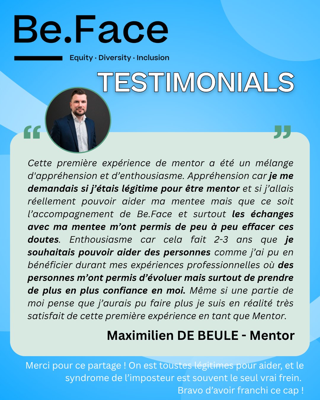 ✨ Les témoignages du mois de Novembre ! ✨
À travers le programme de mentorat Be.Face, des dizaines de duos ont partagé bien plus que des conseils : de l’écoute, du soutien, et de belles réussites. 💬🤝
Swipez pour découvrir quelques témoignages touchants de mentors et mentees qui ont grandi ensemble, chacun à leur manière. 🌱📈
Merci à toutes celles et ceux qui rendent cette aventure humaine possible. 🫶
#BeFace #Mentorat #Témoignages #Partage #Réussite #Inspiration #Mentor #Mentee #Entraide #ImpactPositif #review #testimonial #feedback #happy #love #like #smile #grateful