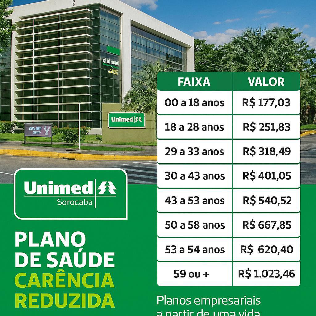 PROMOÇÃO UNIMED SOROCABA (EMPRESÁRIAL)
Carência reduzida para novos contratos tabela T6
DESCONTO de 26% na primeira mensalidade.
Aproveite E SEJA UNIMED.
Acesse: https://api.whatsapp.com/message/4JCZOZIIDUHBF1...
