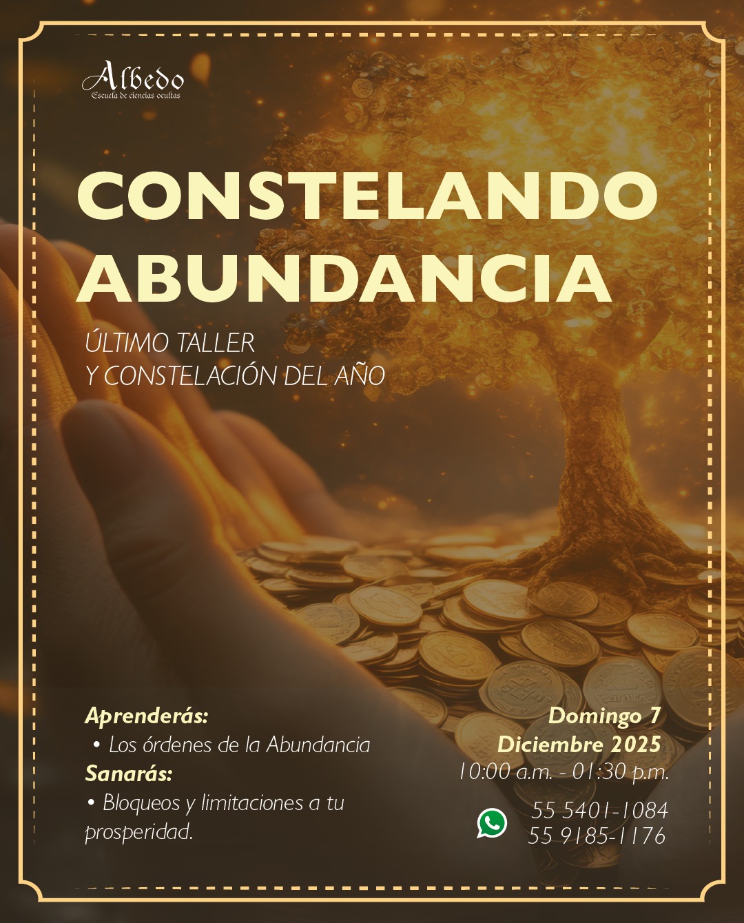 ✨ CONSTELANDO TU ABUNDANCIA ✨
El último taller del año para liberar bloqueos, abrir caminos y entrar al 2026 con una energía de prosperidad real.
Si sientes que la vida se estancó, que tus proyectos no avanzan o que mereces mucho más de lo que estás recibiendo… este espacio es para ti.
A través de Constelaciones Familiares trabajaremos los patrones que limitan tu prosperidad y activaremos los Órdenes de la Abundancia para que tu energía vuelva a fluir con claridad, fuerza y dirección.
Es el cierre perfecto para dejar atrás la escasez, soltar cargas y preparar tu camino para un año lleno de oportunidades.
💛 Domingo 7 de diciembre
💛 10:00 am a 1:30 pm — Albedo Escuela de Ciencias Ocultas
Por Abigaíl Paredes
Últimos lugares disponibles.
Comparte este post con quien también necesite abrir su abundancia.
.
.
.
#Astrología #AlbedoEscuela #astrologo #CierreDeCiclos #constelaciones