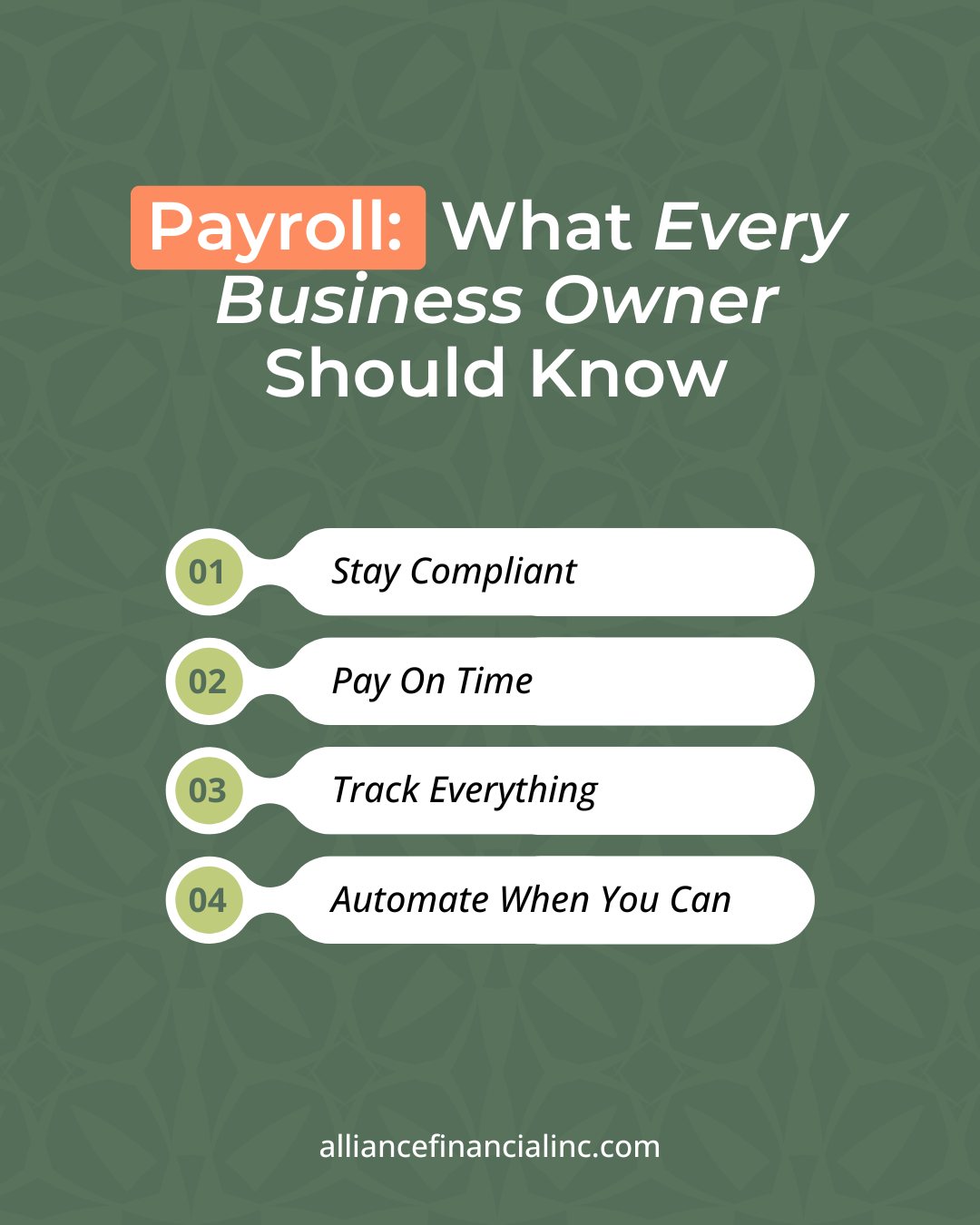 Payroll isn’t just another task on your to-do list—it’s one of the most important parts of running a business well. Here are a few simple ways to keep things running smoothly and stress-free:
✅ Stay compliant — Payroll taxes and rules aren’t optional. Staying on top of them protects your business.
✅ Pay on time — Late payroll leads to unhappy employees… and penalties you don’t want.
✅ Track everything — Good records today mean fewer headaches later, whether it’s tax time, an audit, or an employee claim.
✅ Automate when you can — Save time, reduce errors, and breathe a little easier.
Keeping your payroll organized now means more peace of mind later. Ready to make payroll feel simpler and more manageable? Reach out, we’re here to help you make sense of it all ➡️ alliancefinancialinc.com