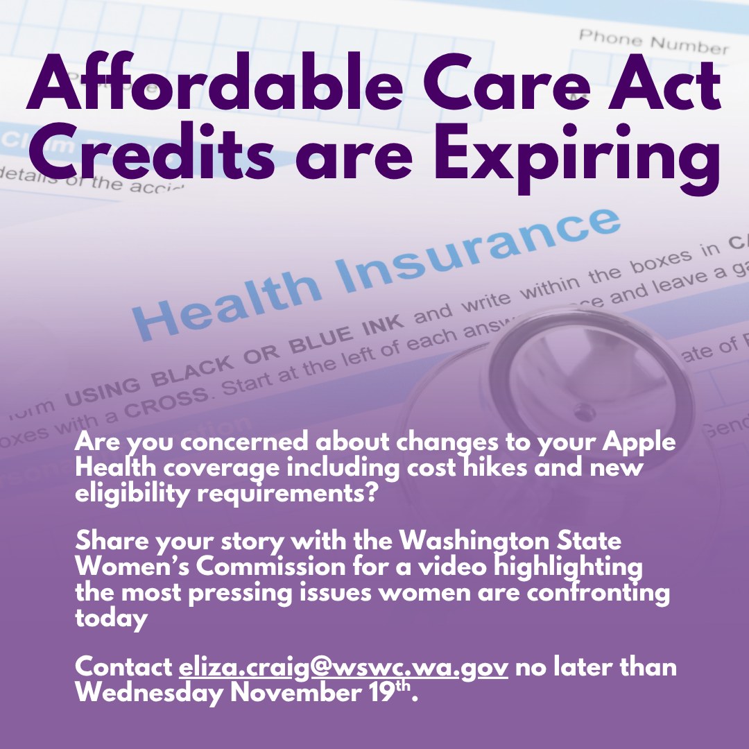 📢Are you concerned about changes to your Apple Health coverage including cost hikes and new eligibility requirements?
The Washington State Women's Commission (@wa_womenscommission) is looking to feature stories from across the state in a video highlighting the most pressing issues women are confronting today.
This video will be shared with each of our 66 women lawmakers right as they shape their priorities for the upcoming legislation session; the time when new state laws with be introduced, debated, and voted on. If this sounds like an empowering opportunity to you, and you are concerned changes to Apple Health will directly impact your health and / or the health of your loved ones.
⏱Please reach out to eliza.craig@wswc.wa.gov no later than Wednesday November 19th.
The Commission is on a short timeline to get interviews conducted before the Thanksgiving holiday.
Thank you!
#communityhealth #washingtonstate #majirising #wswc