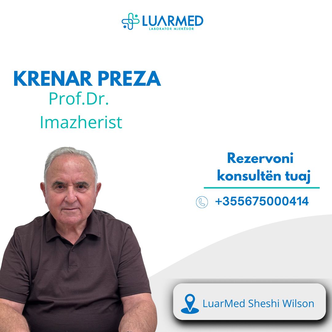 Prof. Dr. Krenar Preza.
Me një karrierë që përshkon më shumë se 50 vite në mjekësi,
Prof. Preza ka bërë diferencën në qindra mijëra diagnostika dhe ka edukuar brez pas brezi mjekësh.
✅ Diplomuar në Universitetin e Tiranës në vitin 1966, me specializim në radiologji në vitet 60-70-të. 
✅ Me përkushtim absolut për pacientët, Prof. Preza vazhdon të jetë referencë për cilësi dhe besueshmëri.
Çdo ditë në Luarmed-
Per rezervime dhe informacione kontaktoni në:
-📲0675000414
📍Adresa: ° Rruga “Andon Zako Çajupi”, pèrballè postès nr. 8
(Zayed Bussiness Center), Kati 2
Ju mirëpresim!