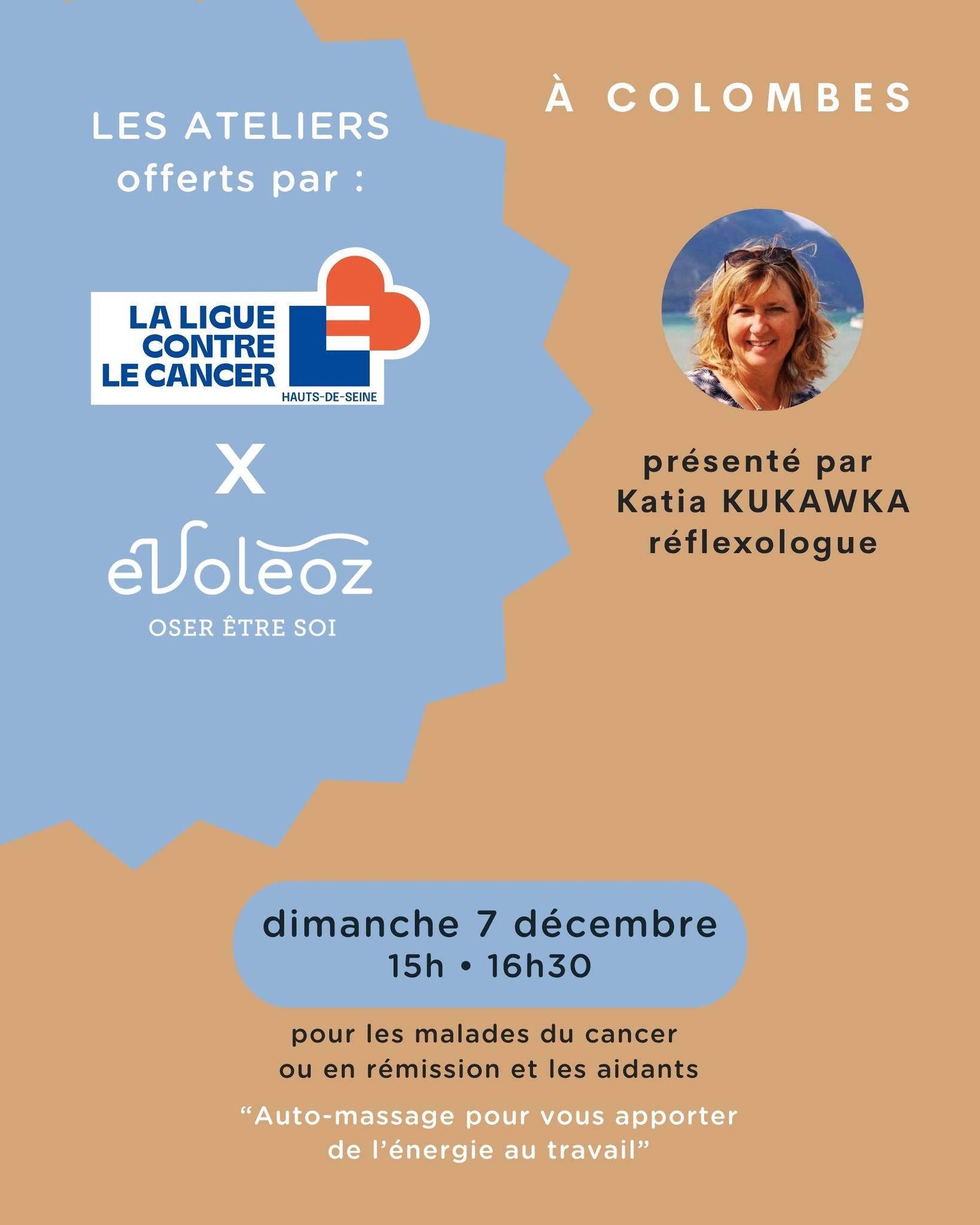 En décembre, votre atelier de la Ligue contre le cancer des Hauts-de-Seine, entièrement offert et destiné aux malades du cancer ou en rémission et aux aidants :
👉 Atelier de réflexologie animé par Katia Kukawka, réflexologue.
"Je vous propose des rituels manuels simples sur le visage et les mains pour un réveil énergétique au quotidien afin de favoriser votre équilibre physique et émotionnel.
Ces pratiques vous permettront d’être en pleine possession de vos moyens.
Les participants repartent avec un kit de bonnes pratiques".
✅ Information : 01 55 69 18 14 OU cgardinier@liguecancer92.org OU contact@evoleoz.fr
✅ inscription :
https://www.helloasso.com/associations/ligue-contre-le-cancer-des-hauts-de-seine/evenements/atelier-de-reflexologie-7-decembre-2025-evoleoz-colombes?fbclid=IwY2xjawOB-Z9leHRuA2FlbQIxMABicmlkETF5MFpZMGozbEVmS3hLbVBGc3J0YwZhcHBfaWQQMjIyMDM5MTc4ODIwMDg5MgABHqF1ksi7wr8_QvqlULozJb9aaG9uEtVvYEtBH-iSoP_Mho_SCFOBXLYJWUtv_aem_nSyl9UmUQ-Zrh6Zt1_Tzzw
📍 Lieu de l'atelier : Évoléoz Colombes - 45 rue Colbert - 92700 Colombes
👉 Pour plus d'information sur nos lieux : evoleoz.fr
Réservez dès maintenant,
si vous avez des personnes de votre entourage concernées, n'hésitez pas à partager.
À bientôt chez Évoléoz Colombes.
#centrebienêtre #liguecontrelecancer92 #SensibilisationCancer #rosecancer #vivreaveclamaladie #cancerresilience #kfighteuse #medecineintegrative #oncologie #cancerdusein #espacebienêtre #remission #vaincrelecancer #oseretresoi #CabinetBienÊtre #Colombes #colombes