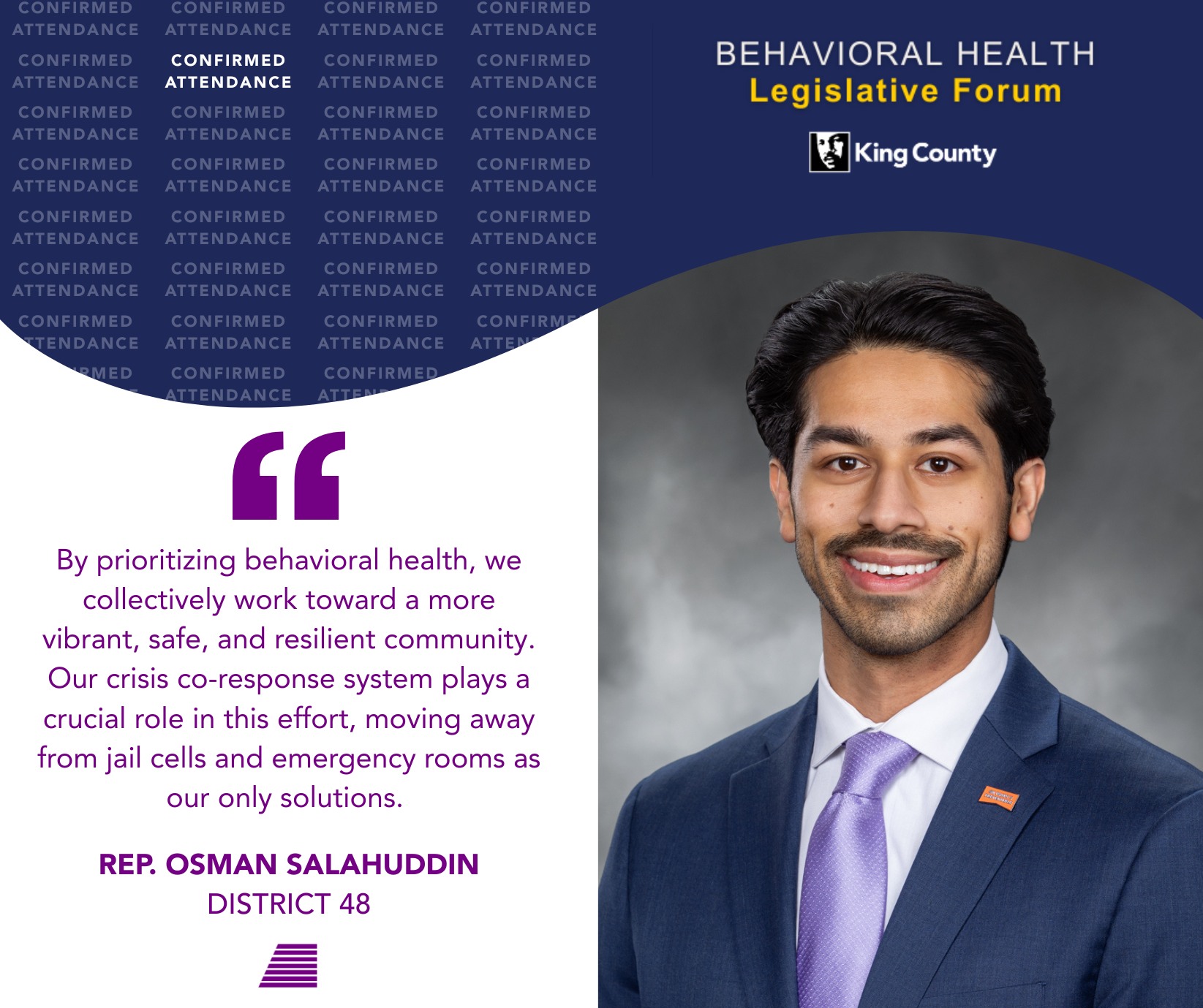 We’re honored to welcome Representative @osmansalahuddin in (LD 48) to this year’s King County Behavioral Health Legislative Forum.
“Behavioral health is essential for both my constituents and me because it impacts our families, schools, workplaces, and neighborhoods. By prioritizing behavioral health, we collectively work toward a more vibrant, safe, and resilient community. Our crisis co-response system plays a crucial role in this effort, moving away from jail cells and emergency rooms as our only solutions. Co-responders work to de-escalate situations, provide immediate care, and reduce unnecessary interactions with the criminal justice system. Understanding how important their work has been, I introduced HB 1811, recognizing co-responders as first responders, granting them the same protections as police officers, EMTs, and firefighters. Their work addressing behavioral health is incredibly important to our community and will continue to be in the future.”
Join us Tuesday, November 18 at the Hilton Seattle Airport for an evening of conversation and connection among mental health and substance use recovery communities, lawmakers, providers, and King County leaders.
Recovery in Action Pre-Event: 4:30–6:00 PM
King County Behavioral Health Legislative Forum: 6:00–9:00 PM
Location: Hilton Seattle Airport & Conference Center
Free and open to all.
#KCBehavioralHealthForum #RecoveryInAction #RecoveryIsAction #RIA25