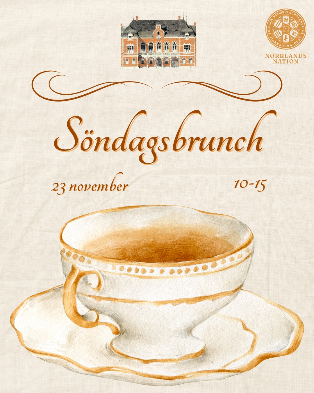 Varmt välkomna till Norrlands nations Söndagsbrunch 23 november!
Under söndagsbrunchen kommer kaffe, olika sorters te, juice och smoothie serveras tillsammans med bland annat amerikanska pannkakor, yoghurt, frukt, ägg och bacon, paj, soppa och matigare fuccacia-mackor och sallader. Självklart kommer det även finnas en härlig buffé av kakor och bakverk!
Söndagsbuffén håller öppet 10-14:30 i nationens Gamla del. Bokningstiden gäller för en och en halv timme. I bokningsformuläret anger ni hur många ni är och vilken tid ni vill boka bord för.
Bordsbokningen sker via Facebookeventet. Se till att vara på plats inom 15 minuter från er bokade tid. Därefter erbjuds bordet till andra gäster. Drop in gäller i mån av plats.
Datum: Söndag 23 november
Tid: 10-14:30, bordsbokning för 1,5 timme
Plats: Inre och yttre läs, ingång genom Gamla entrén
Pris: 100* / 120 kr (*norrlänningar)
Varmt välkomna!
___
Welcome to Norrlands Nation's Sunday Brunch on November 23rd!
During Sunday brunch, coffee, various types of tea, juice and smoothies will be served along with American pancakes, yoghurt, fruit, eggs and bacon, pie, soup and tasty focaccia sandwiches and salads. Of course, there will also be a delicious buffet of cookies and pastries!
The Sunday buffet is open 10-14:30, in the old part of the Nation. Reservations are valid for one and a half hours. On the reservation form, please state how many people you are booking for and what time you would like to reserve a table.
Table reservations can be made via the Facebook event. Please ensure you arrive within 15 minutes of your booked time. After that, the table will be offered to other guests. Drop-ins are welcome if there is space available.
Date: Sunday, November 23rd
Time: 10:00-14:30, table reservations for 1.5 hours
Location: Inre och yttre läs, entrance through the Old Entrance
Price: 100* / 120 SEK (*members of Norrlands Nation)
Welcome!