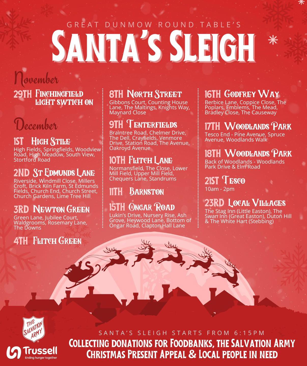 ๐
Santa is coming to town ๐
Supported by his elves from Dunmow Round Table, 41 Club and Great Dunmow Ladies Circle heโll be visiting the streets of Dunmow and surrounding villages over 15 nights. ๐
Weโll be giving out chocolates and bringing Christmas Cheer ๐
We will be collecting cash for charity and good causes, and also collecting food for the local food banks. ๐ฆ
Please give generously and letโs make a difference this Christmas and help those les fortunate โค๏ธ
Like and share and start tagging below ๐๐ผ to spread the word!