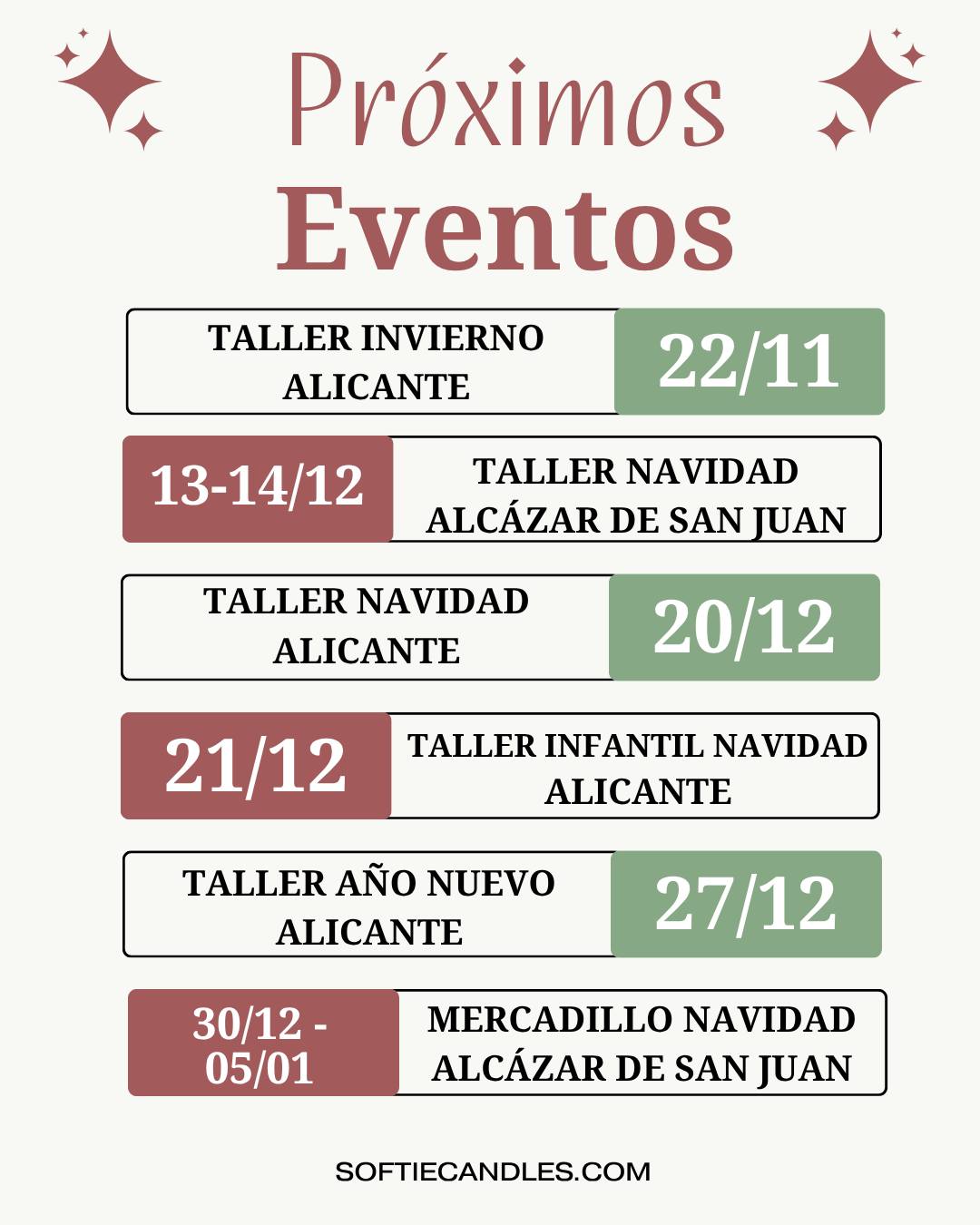 ✨ ¡El calendario de Softie Candles para lo que queda de 2025 ya está aquí! 🎉
Prepárate para un final de año lleno de aroma, creatividad y magia 🕯️💫
📍 Taller en Alicante – 22 de noviembre
🎄 Talleres Navideños en Alcázar de San Juan – 13 y 14 de diciembre
🎅 Taller Navideño en Alicante – 20 de diciembre
🧸 Taller Navideño Infantil (Alicante) – 21 de diciembre
🌟 Taller de Año Nuevo (Alicante) – 27 de diciembre
🎁 Mercadillo de Navidad en Alcázar de San Juan – del 30 de diciembre al 5 de enero
Cada fecha es una oportunidad para disfrutar, crear y vivir la experiencia Softie 💖
Si te encanta el olor a hogar, la magia de las velas y los momentos bonitos… este plan es para ti ✨
📲 ¡Guarda este post para no perderte nada y cuéntanos en los comentarios a cuál te gustaría venir! 👇
#SoftieCandles #TalleresDeVelas #VelasArtesanales #HechoAMano #TalleresCreativos #Navidad2025 #Alicante #AlcázarDeSanJuan #Artesanía