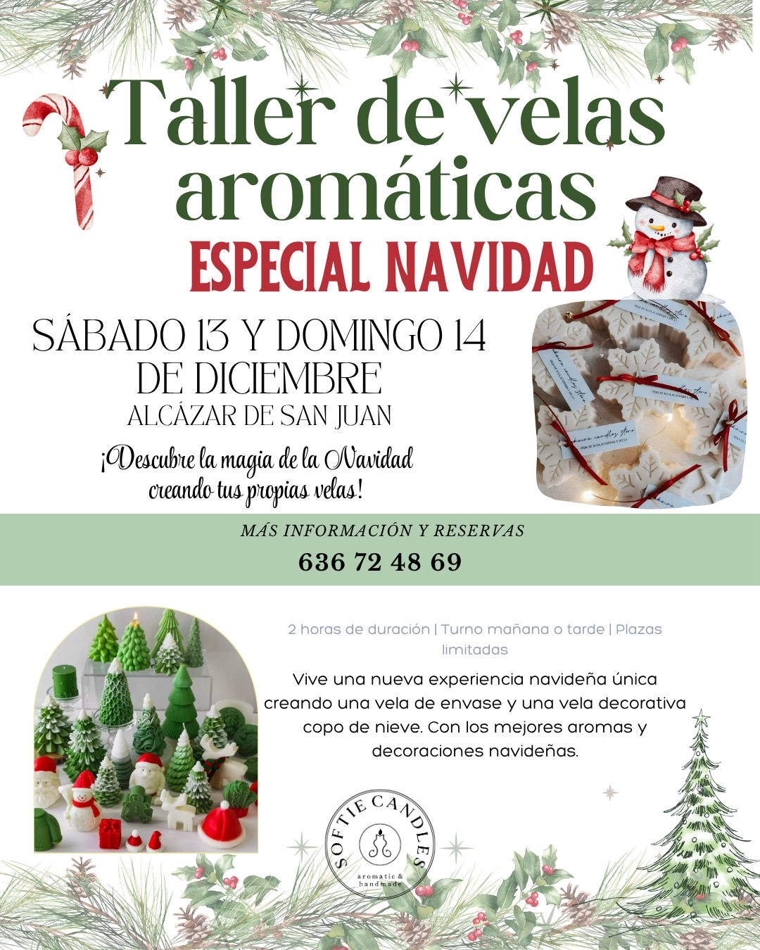 ✨ ¡La magia de la Navidad también se enciende con una vela! ✨
Vuelve nuestro 🕯️ Taller de Velas Aromáticas: Especial Navidad, esta vez en Alcázar de San Juan, para vivir una experiencia creativa, relajante y muy navideña 🎄 Nos lo habéis pedido, y os hemos escuchado, vecinos!
Durante el taller crearás una vela de envase grande y una vela decorativa con forma de copo de nieve, con aromas, colores y decoraciones 100% personalizadas. 🌿
💌 Incluye todos los materiales, picoteo 🥐, regalo sorpresa 🎁 y un ambiente cuidado al detalle.
📅 Sábado 13 y Domingo 14 de diciembre
🕒 Turnos disponibles: Mañana (11:00 - 13:00) o Tarde (17:00 - 19:00)
📍 Edificio Laguna, Alcázar de San Juan
💸 30€ por persona (Ofertas para grupos grandes, pregúntanos)
Un plan ideal para compartir con amigas, familia o disfrutar tú sola ✨
Reserva tu plaza en nuestra web o escríbenos por mensaje 💌
#tallerdevelas #navidadcreativa #softiecandles #tallerartesanal #velasaromaticas #hechoamano #alcazardesanjuan #plancreativo #manualidadesnavidad #alcazardesanjuan