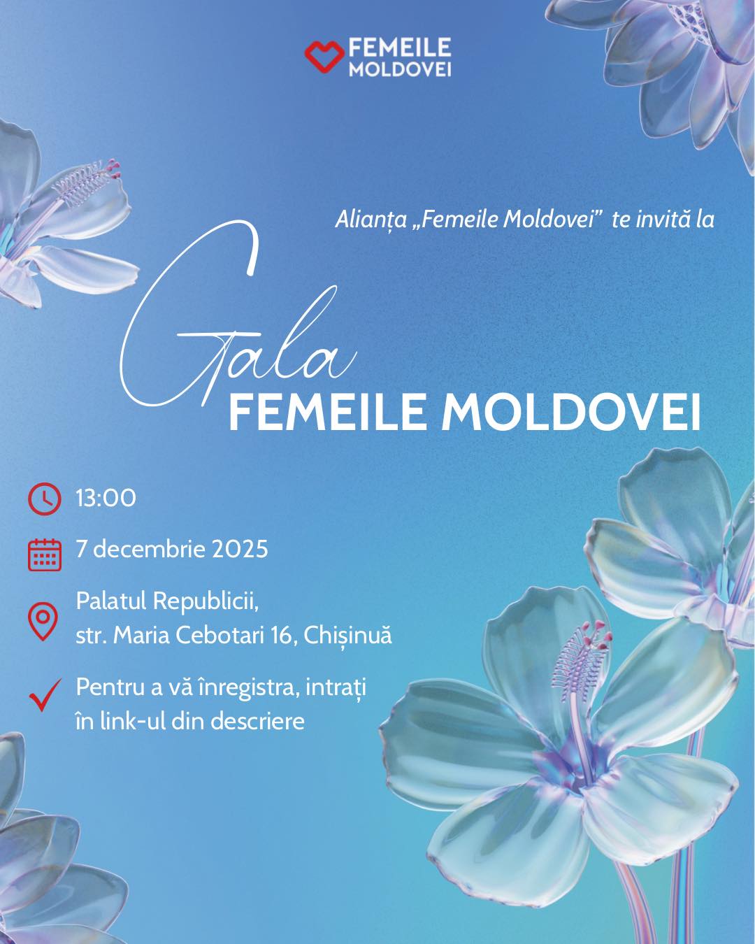 🌸 Alianța „Femeile Moldovei” te invită la Gala „Femeile Moldovei” 2025 – un eveniment dedicat recunoașterii femeilor care inspiră.
🗓 7 decembrie 2025
📍 Palatul Republicii, str. Maria Cebotari 16, Chișinău
🕒 Ora 13:00
Ediția din acest an are o semnificație aparte: reflectă realizările extraordinare ale femeilor din țară și din diaspora care transformă comunități prin curaj, viziune și solidaritate.
Această gală nu este doar un eveniment, ci o experiență — un moment de recunoștință și inspirație, unde se întâlnesc povești de succes, leadership autentic și solidaritate feminină.
❗Te poți înregistra acum la Gală, dacă NU ești deja pe lista coordonatoarelor din raionul tău. Participantele care nu sunt pe listele coordonatoarelor din raioane sunt responsabile să își asigure singure transportul la Gală.
🔗 Formularul este deschis până la 24 noiembrie 2025.
Înscrie-te acum la evenimentul anului ➡ link in bio
Vino alături de noi să celebrăm femeile care inspiră! 🇲🇩