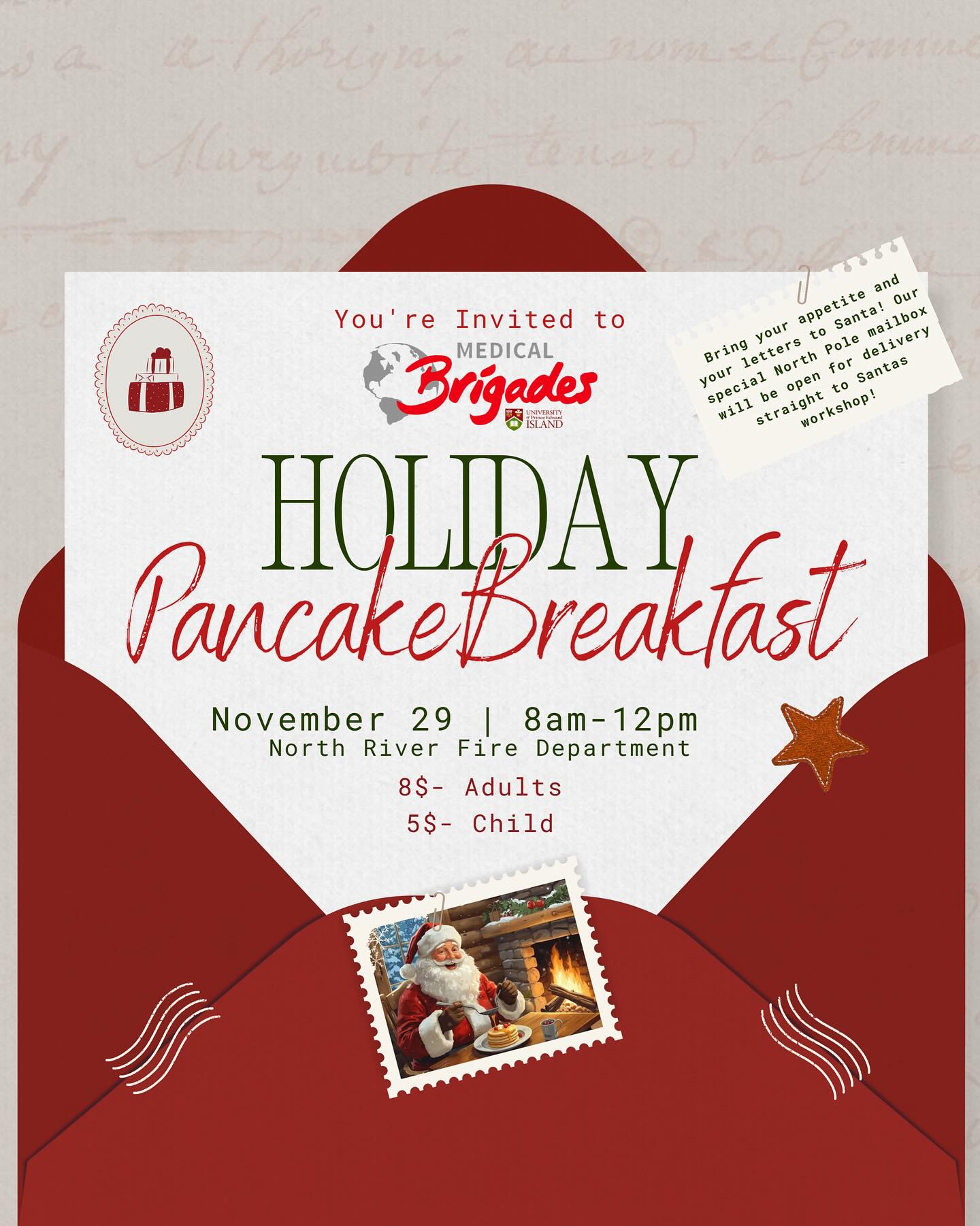 Holiday Pancake Breakfast at The North River Fire Department Saturday Nov 29th from 8am-12pm
Join the UPEI Medical Brigade on November 29th at the North River fire department for some pancakes and holiday cheer
✨ Don’t forget to bring your letter for Santa!
You can drop it off at the North Pole Mailbox during breakfast!
