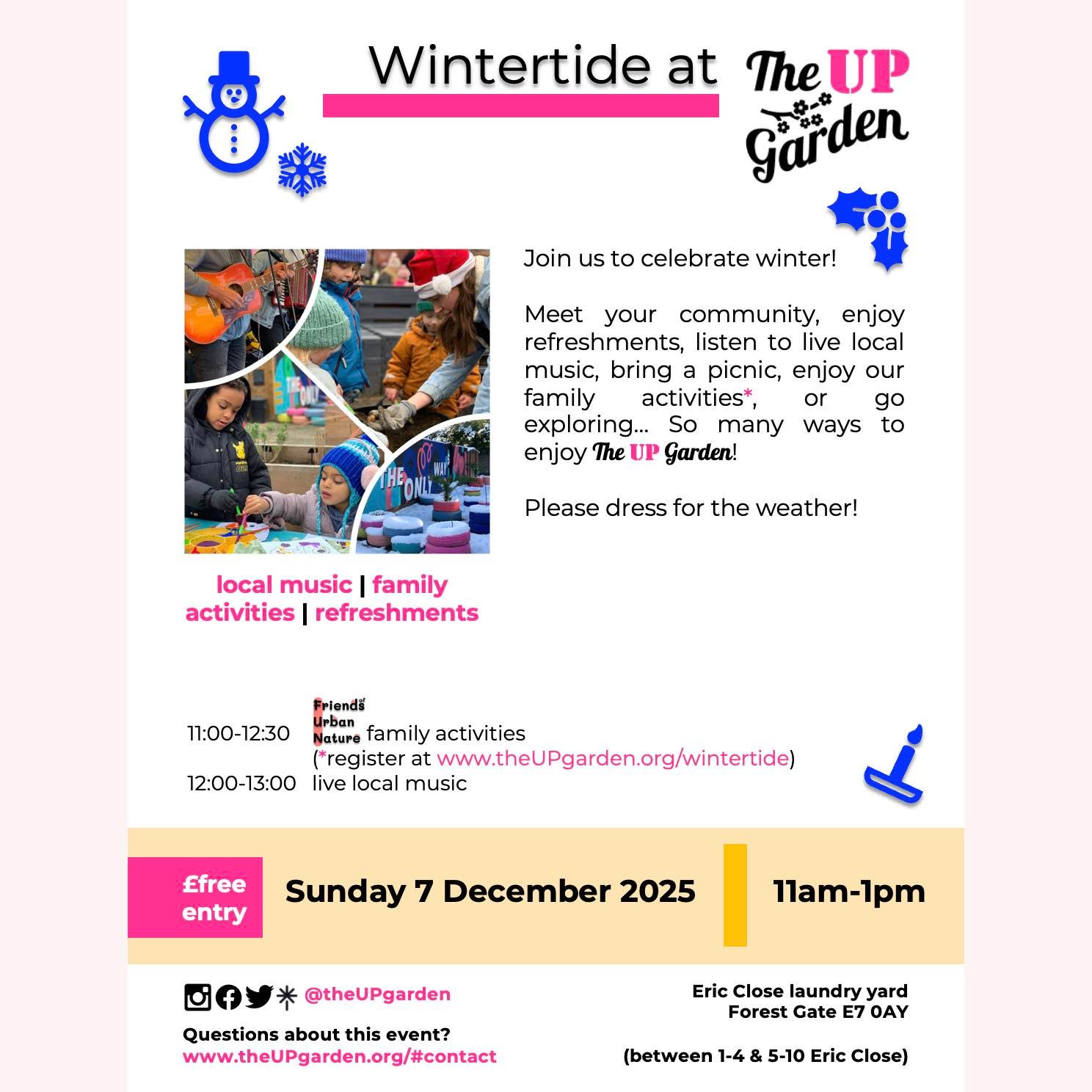 🔊 Join us at our last event of the year!
Meet your community & enjoy:
🍪🥤 refreshments
🎤🎶 live local music
🎨🔎 nature-based family activities*
🪴🌷 winter bulb planting (take home in a pot).
*Please book your £FREE spaces to help with resourcing at www.theupgarden.org/wintertide.