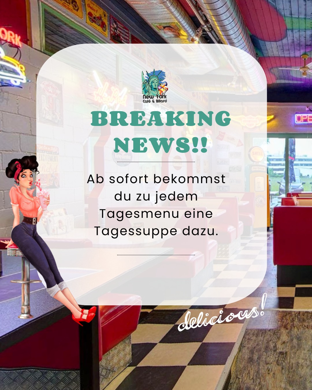Ab sofort bekommst du zu jedem Tagesmenu eine Tagessuppe dazu🥳
Frisch, warm und jeden Tag lecker!
Komm vorbei und lass dich überraschen
