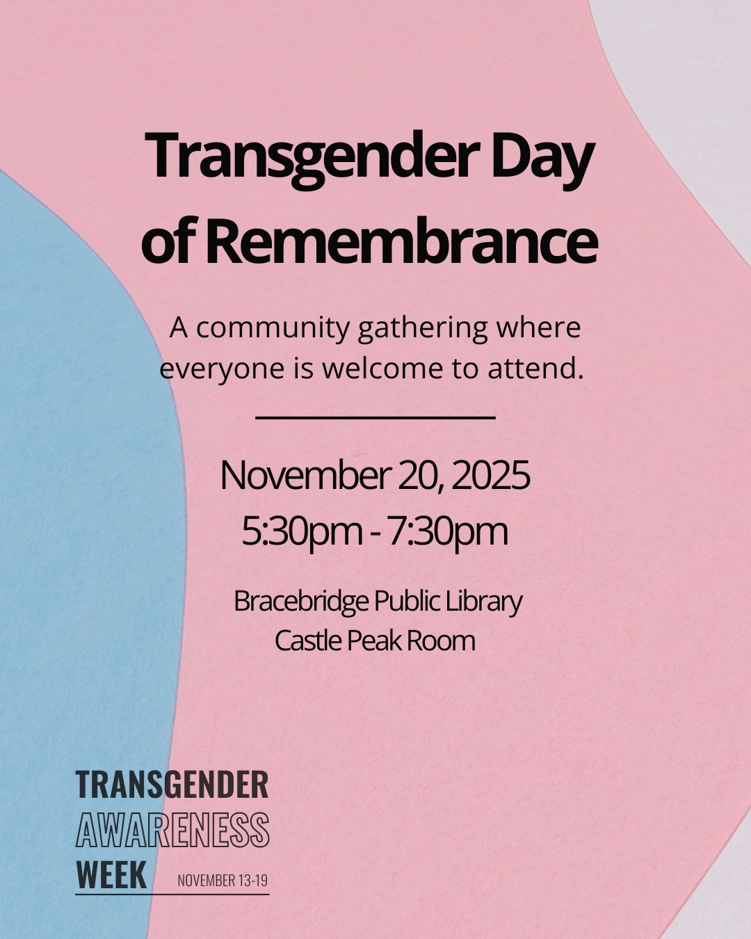 Join community members in honouring the memories of transgender people whose lives were lost to violence.
On Thursday, November 20, everyone is welcome to attend the Transgender Day of Remembrance Community Gathering, hosted by @muskokapride. The event will begin at 5:30pm at the @bracebridgelibrary in the Castle Peak Room.
Transphobic harassment and violence are on the rise in communities all across Canada. For those of us who are allies, this is a meaningful action where we can show up and hold space for transgender, nonbinary, and gender-diverse community members.