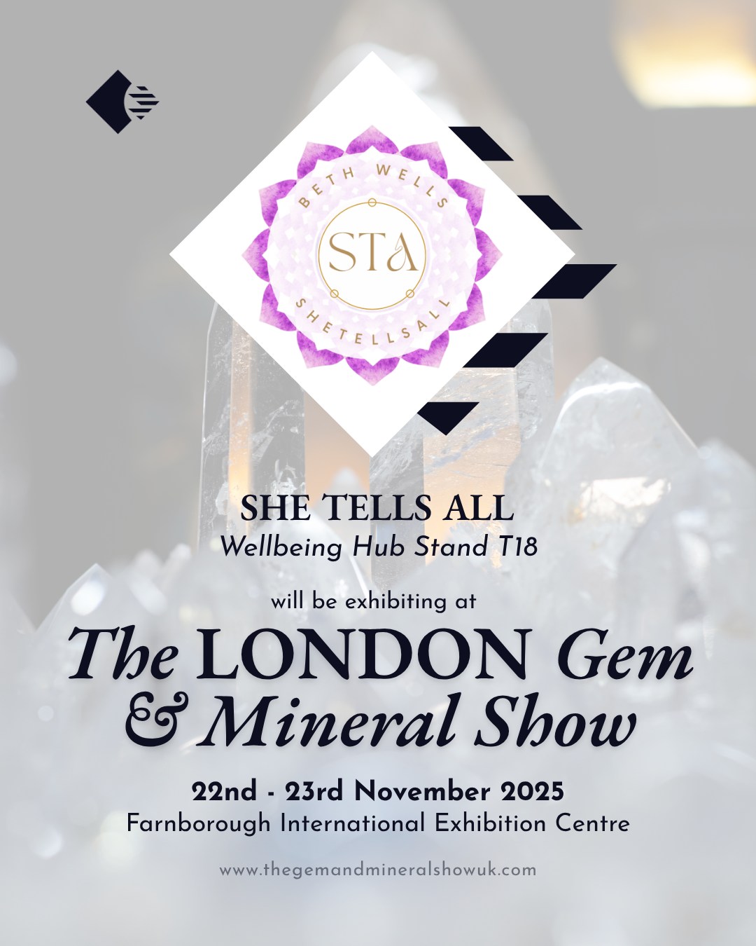 ✨ Exhibitor Spotlight: She Tells All - Wellbeing Hub, T18!
We are delighted to welcome She Tells All @shetellsall.beth to the Wellbeing Hub at The London Gem & Mineral Show!
Beth, the founder of She Tells All, is a spiritual wellness teacher, intuitive healer, and tarot reader. She is deeply passionate about helping others reconnect with themselves, release what no longer serves them, and walk the path of healing with more clarity, peace, and purpose. Through 1:1 healing sessions, tarot readings, and group workshops, she offers heart-led guidance rooted in compassion, grounded intuition, and spiritual insight. Beth also hosts deeply nourishing healing day retreats—sacred spaces to slow down, reconnect, and reset together.
Visit Wellbeing Hub Stand T18 to book a session and find heart-led spiritual support!
Show Details: 📆 Saturday 22nd & Sunday 23rd November 📍 Farnborough International Exhibition and Conference Centre 🎟️ Tickets available online now - Book via the LINK IN BIO
A big thank you to our wonderful sponsor, @mayfair.gems, for their continued support.
#thelondongemandmineralshow #thegemandmineralshowsuk #shetellsall