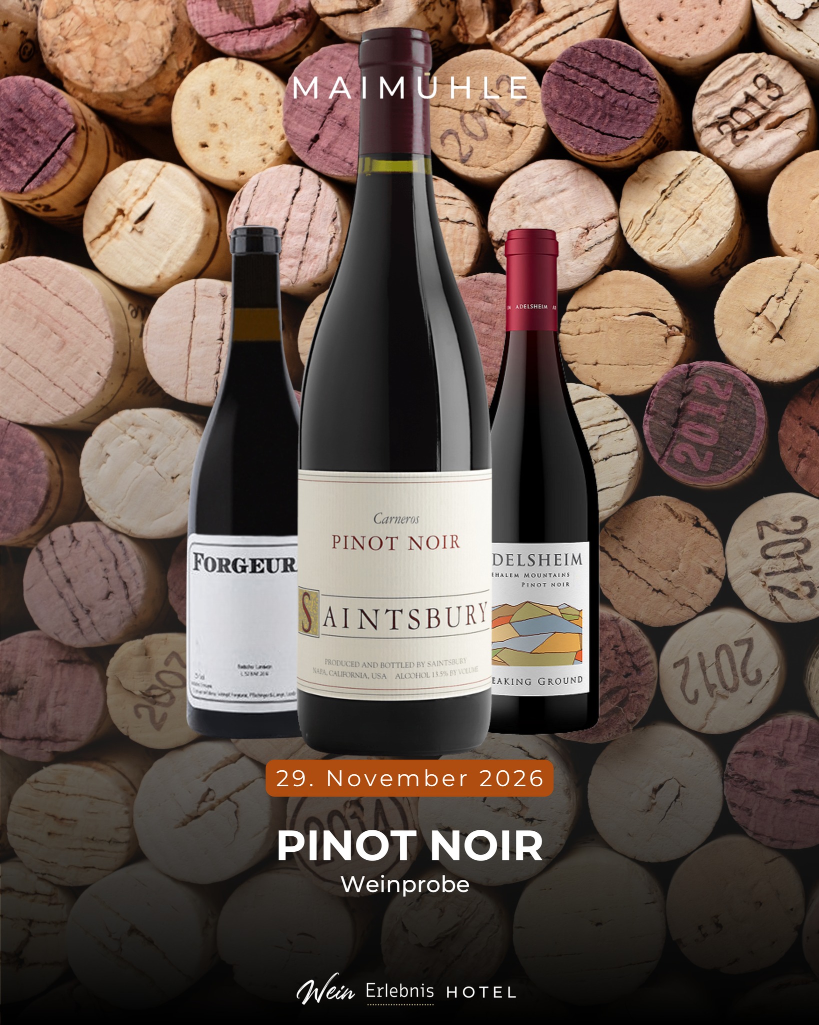 Weinprobe Pinot Noir
Moderierte Weinprobe mit Sharing Dinner in der Vinothek der Maimühle in Perl.
Entdecke 10 außergewöhnliche Pinot Noirs
inkl. Fachkundige Weinprobe durch Marcus Brunner, Brot & Mineralwasser
Sharing Dinner
Die Mühlenküche kocht zur Weinprobe abgestimmte Speisen. Serviert werden mehrere kleine Gänge im Sharing-Prinzip - Serviert in der Tischmitte zum Teilen und probieren.