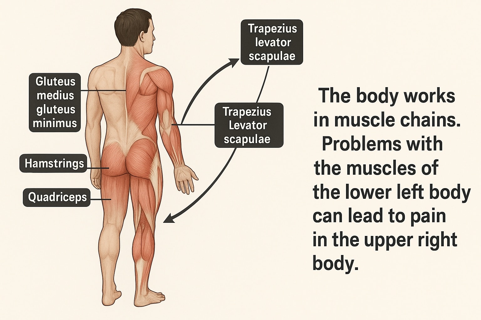 Hoe een probleem links toch rechts pijn kan geven
Wist je dat klachten in je rechter schouder, nek of rug soms helemaal niet daar vandaan komen?
Het lichaam werkt in spierketens: alles is met elkaar verbonden van je voeten tot je hoofd.
Wanneer de spieren van het linkerbeen of de linkerbil verzwakt, vast of overbelast zijn, kan het:
het bekken scheef trekken
de wervelkolom laten compenseren
extra spanning geven in de rechter bovenrug, schouder en nek
➡️ Resultaat: pijn of stijfheid rechts, terwijl de oorzaak links zit.
Dit is precies waarom een goede sportmassage, triggerpointbehandeling of mobilisatie niet alleen de pijnplek behandelt, maar kijkt naar de hele keten.
🧠 Het lichaam werkt nooit geïsoleerd — alles hangt samen.
Wil je weten of jouw klachten ook vanuit een andere plek komen? Stuur me gerust een berichtje! 💬