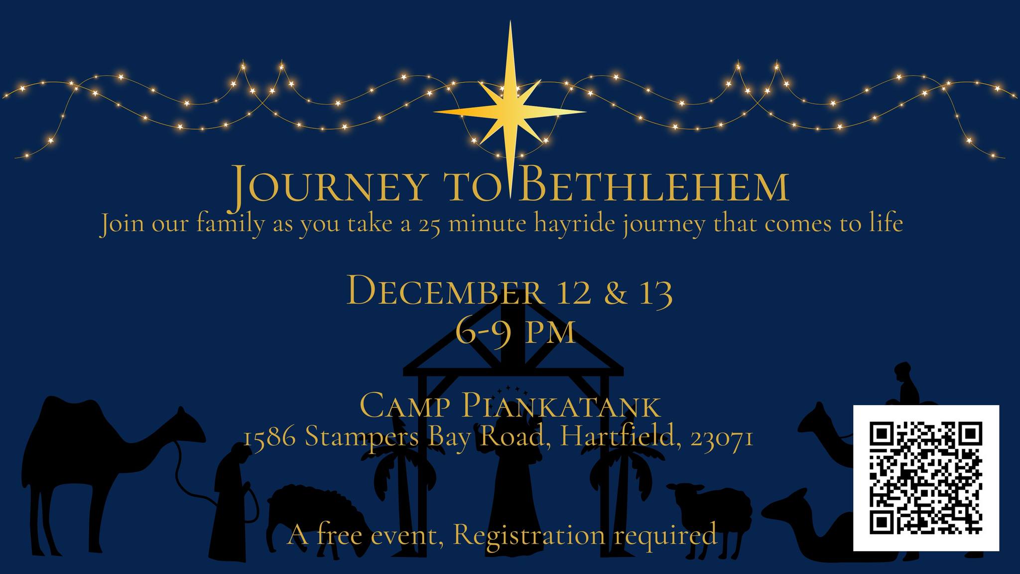 Journey to Bethlehem is going to be at Camp Piankatank December 12 and 13 this year. This is a wonderful event, put on by several churches in the Mathews area. We hope you can come out and enjoy! Sign up is required to make sure there's space on the hayrides.
www.signupgenius.com/go/10C0E49A8A82CA0F8C43-60539111-journey#/