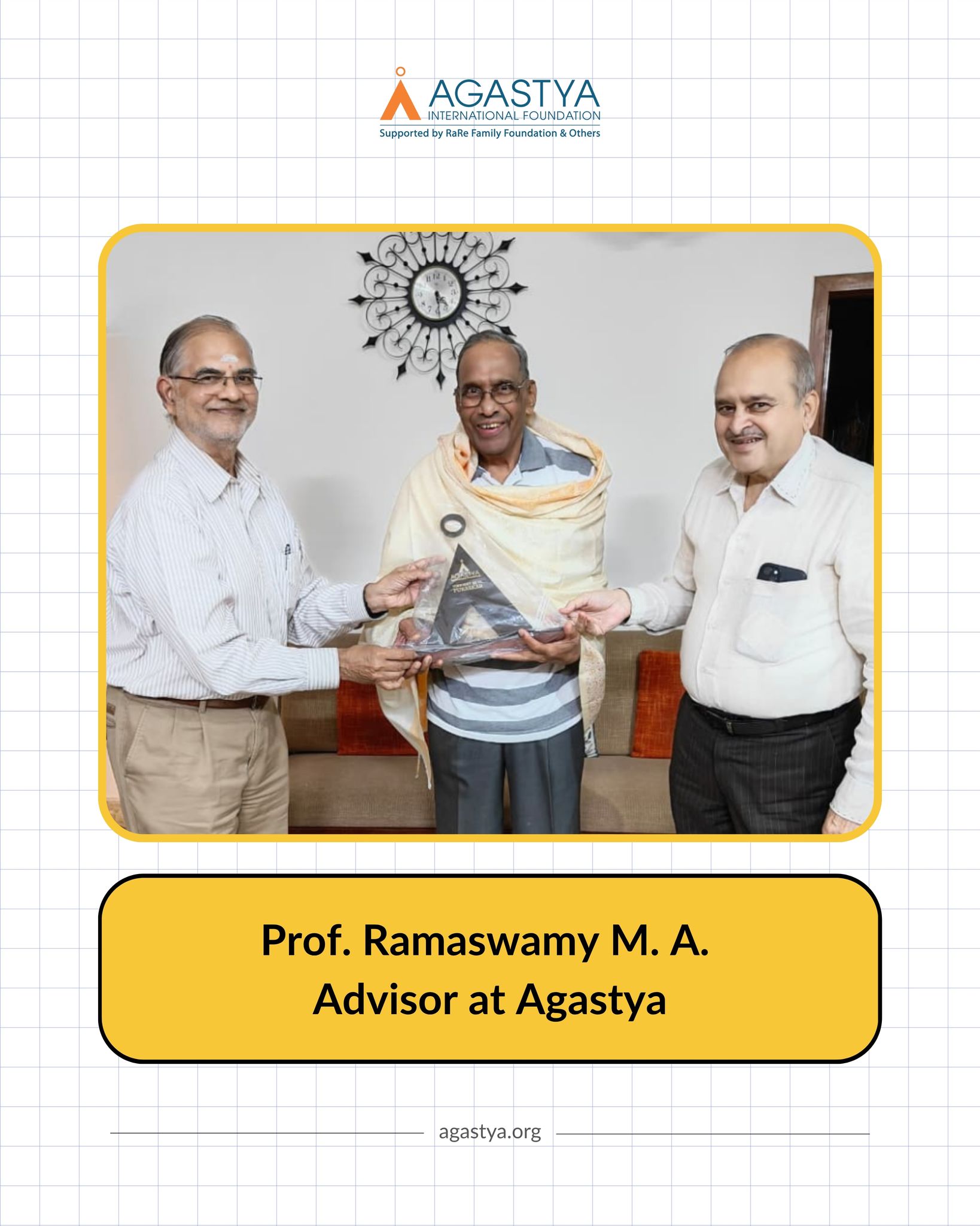 At Agastya, we take pride in celebrating those who move mountains with their vision, commitment, and spirit of service.
The Vishisht Seva Puraskar and The Moving of Mountains a book that captures Agastya’s remarkable journey, were presented to Ramaswamy M. A., former Professor at the Indian Institute of Science and Agastya Advisor, and Leela N. S., former Professor at MES College of Arts, Commerce and Science and Agastya Advisor.
The honours were conferred by K. Thiagarajan, Executive Vice-Chairman, and Mahavir Kumar, Co-Founder and Managing Trustee, in recognition of the thoughtful guidance they have brought to Agastya’s journey.