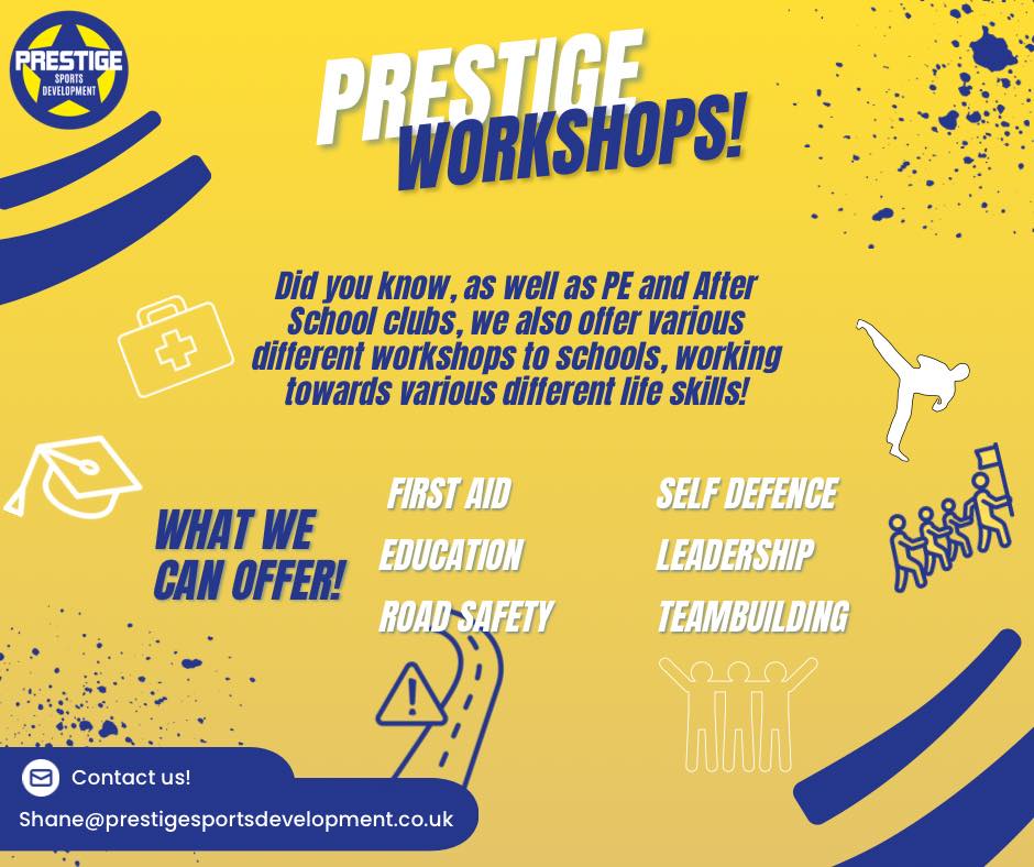 ๐ก Prestige Workshops! ๐ต
Want to give your pupils the chance to develop essential life skills?!
Here at Prestige Sports Development, we offer a range of school workshops including First Aid, Road Safety, Education, Self Defence, Leadership and Teambuilding.
These workshops are perfect for enhancing the curriculum and supporting personal development whilst keeping it fun and engaging!๐
Parents, why not tag your childrenโs school down below to make sure that they donโt miss out on an exiting workshop opportunity!๐คฉ
๐ฉ Get in touch to find out more about a workshopโฌ๏ธ
Shane@prestigesportsdevelopment.co.uk