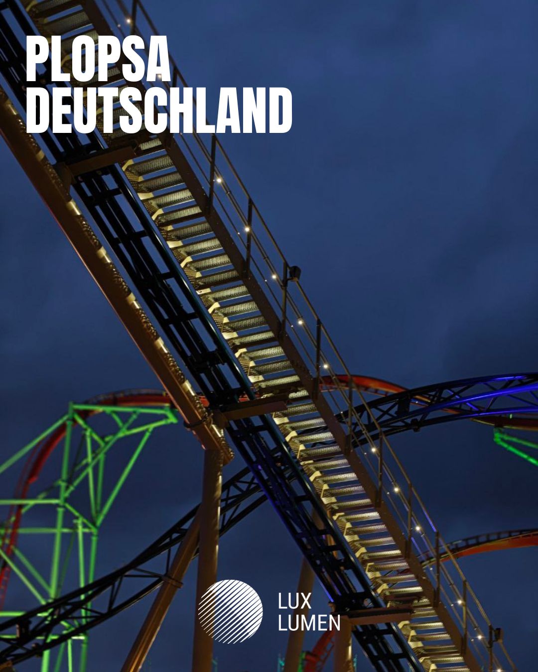 Custom engineered evacuation lighting system for the WOLF Coaster at Plopsa Deutschland. The request was clear: create a discreet system that matches the coaster’s color and doubles as a cable duct for speakers and IP cameras.
Lux Lumen designed a camouflaged aluminium profile in the exact RAL color of the ride, functioning as both cable tray and evacuation lighting. Every detail was finished in the same tone, including watertight encapsulated fixtures, control boxes and mounting brackets. For additional safety the system was built with full redundancy.
Client: Plopsa Group
Location: Plopsa Deutschland (former Holiday Park)
Project Leader: Tom Mampaey
Technical Lead: Pieter Dewaegeneere