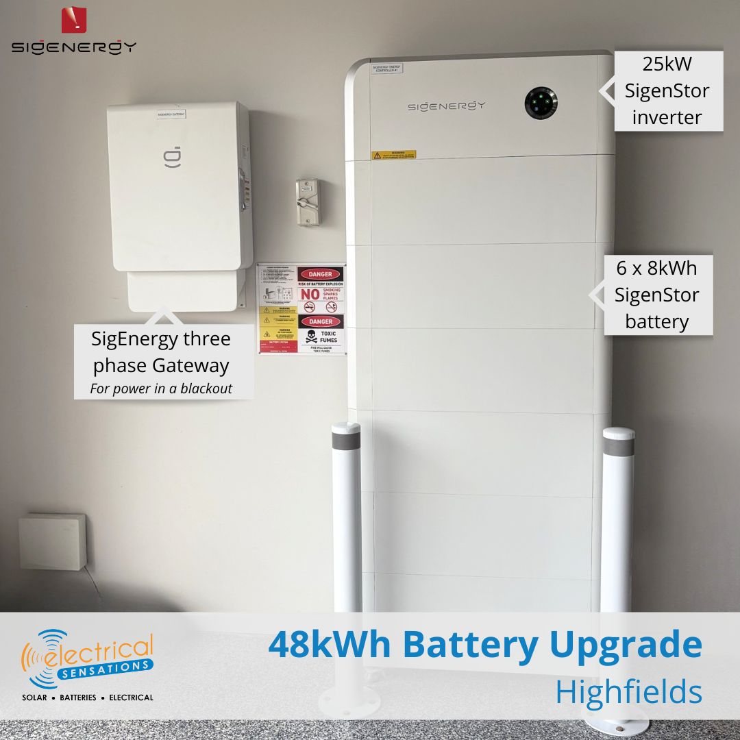 One of our latest battery install featuring SigEnergy SigenStor batteries and AIKO NeoStar solar panels 💪🔋
For this family in Highfields, they already had a small 6kWh solar system and wanted to upgrade to store more of their surplus power for use at night. With blackouts a real possibility in the area, they also wanted reliable backup power and the peace of mind that comes with it.
We also installed a SigEnergy Three-Phase Gateway and protective bollards to ensure the system is safe, compliant, and ready for anything.
If you’re in Toowoomba, Highfields, or surrounding areas and thinking about adding batteries or upgrading your system, we’d love to help! Get in touch for more info 📞