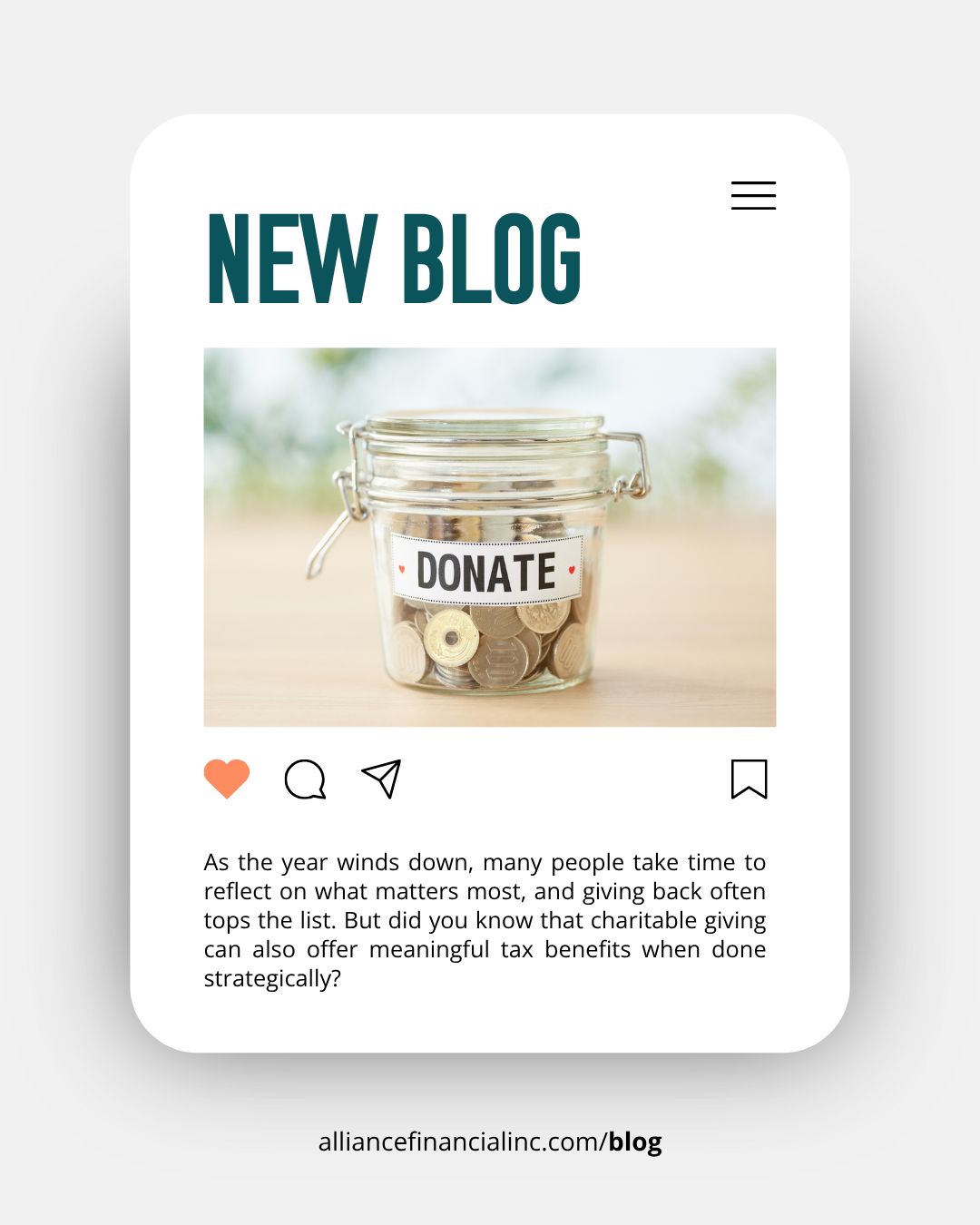 With Giving Tuesday and year-end giving right around the corner, now is the perfect time to understand how charitable donations can benefit both the causes you care about and your taxes.
Take a moment to read our latest blog and learn how to make the most of your charitable contributions this season! š
š alliancefinancialinc.com/blog