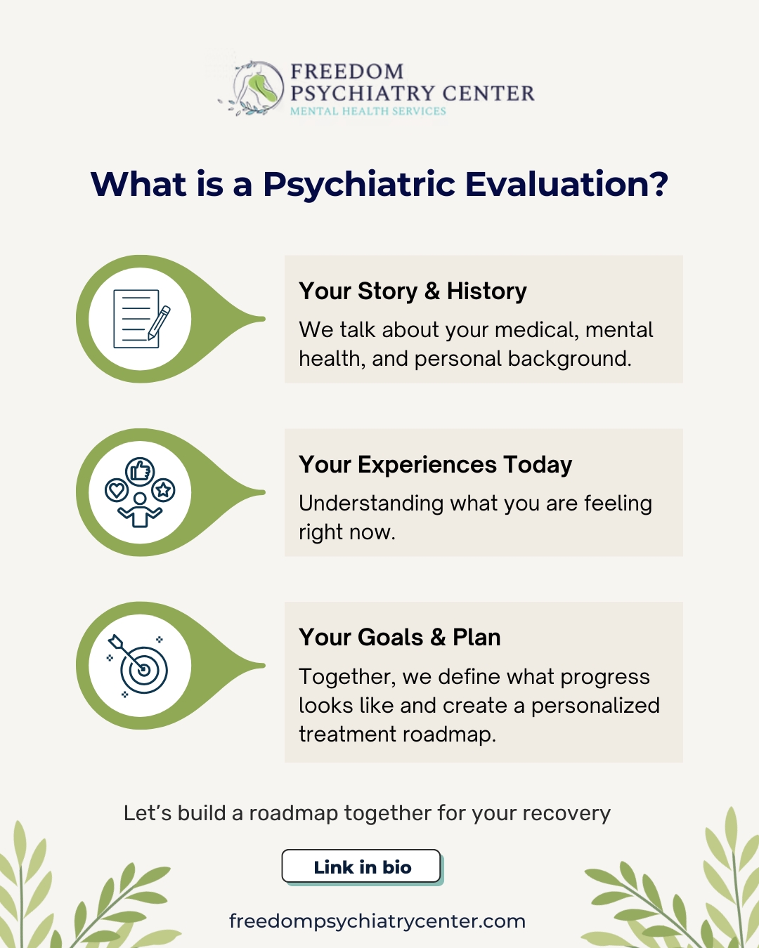 The term "Psychiatric Evaluation" can sound intimidating, but it's really just a conversation. It's a comprehensive session where Dr. Paul gets to know you—your history, your current struggles, and your goals. It’s not a test you pass or fail; it’s the roadmap we build together for your recovery.
#PsychiatricEvaluation #MentalHealthAssessment #WhatToExpect #FreedomPsychiatry #DrPaul #MentalHealthHelp #NewPatient #PhoenixAZ